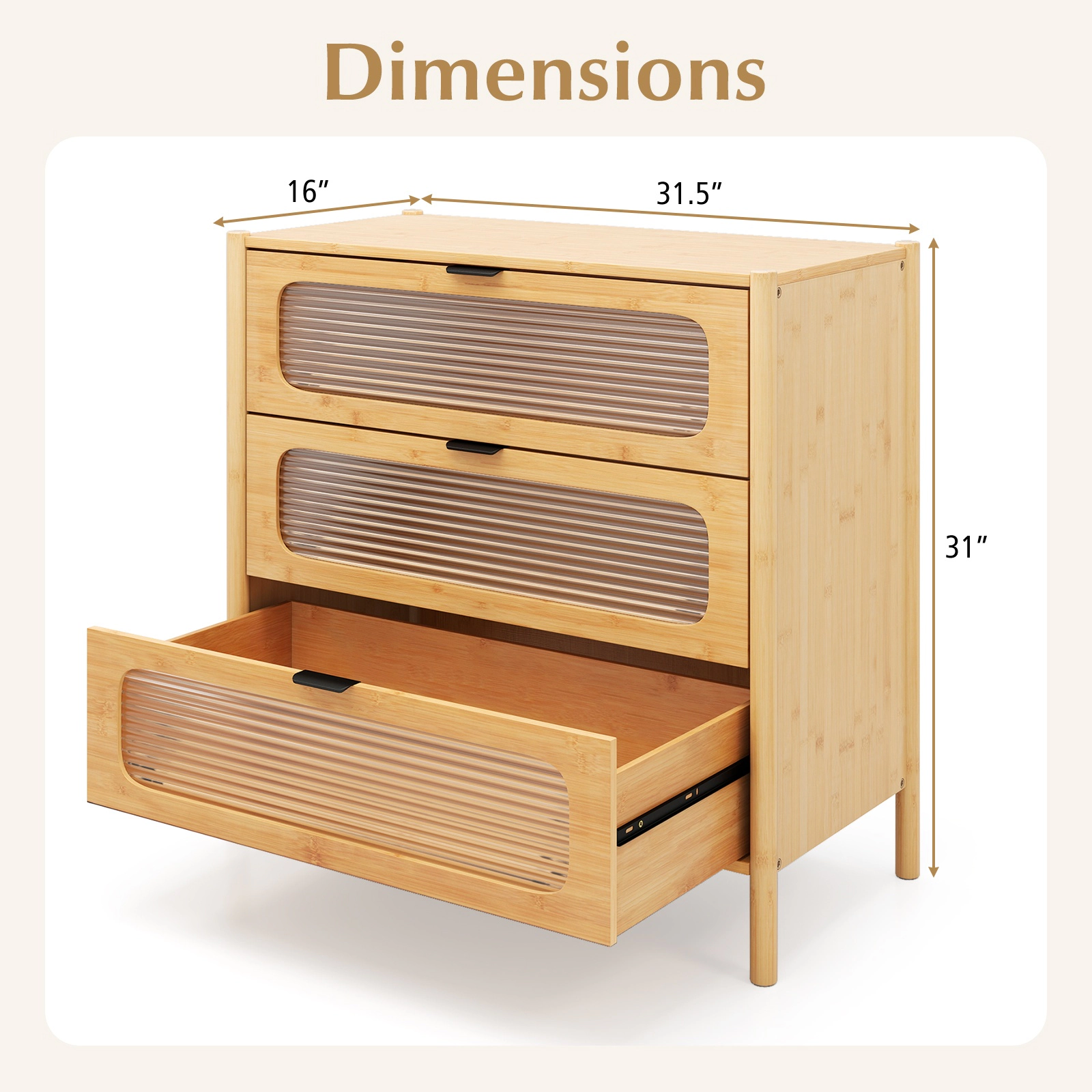 Glintex 3-Drawer Bamboo Chest with Reeded Tempered Glass Fronts, Natural