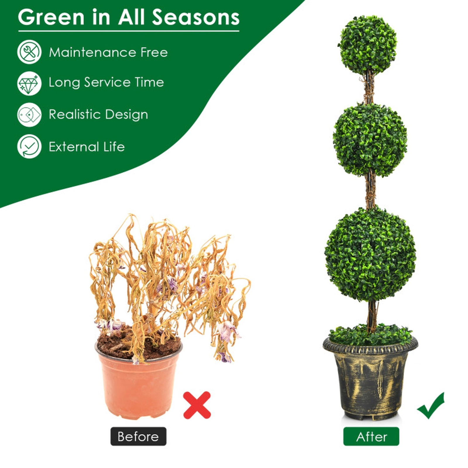 SUGIFT 4-Ft Artificial Topiary Triple Ball Tree Plant 48-in Tall with PE Leaves and Wood Rattan Trunk Green