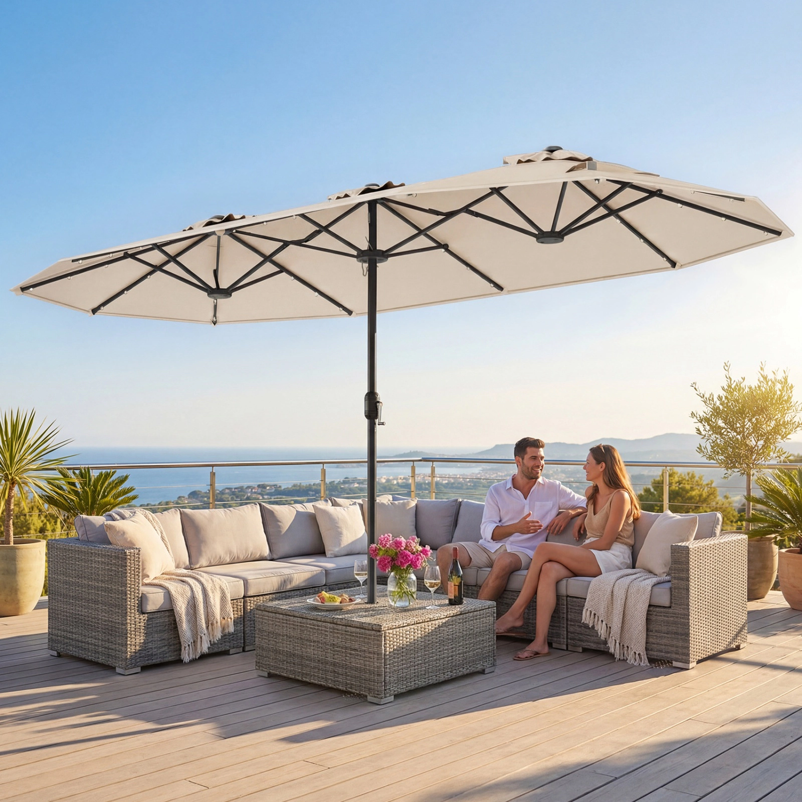 SUGIFT 13-ft Beige Rectangular Double-Sided Patio Umbrella with 36 Solar LED Lights 12 Ribs and Cross Base