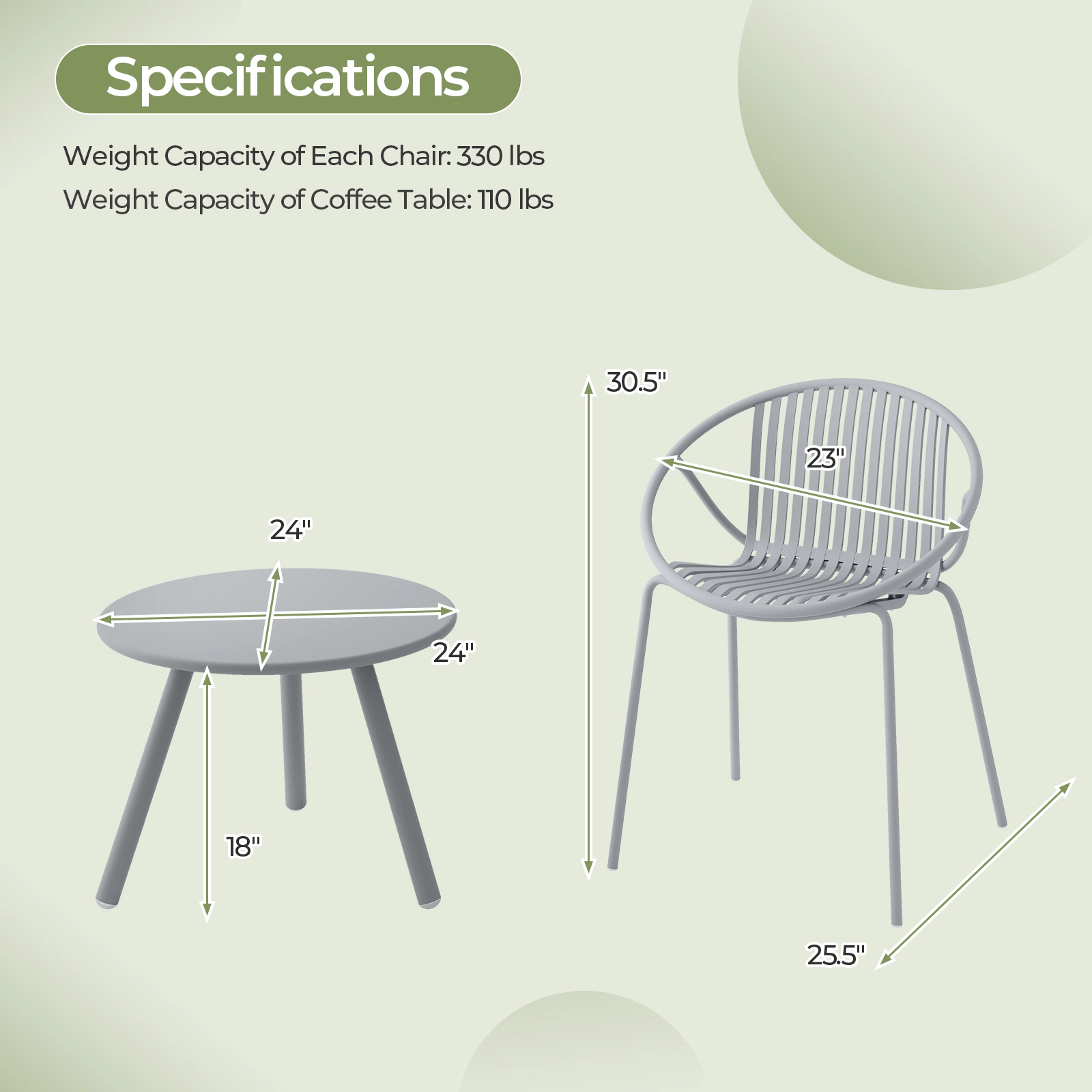 LJG All Weather PP Patio Conversation Set with Round Coffee Table and 2 Chairs