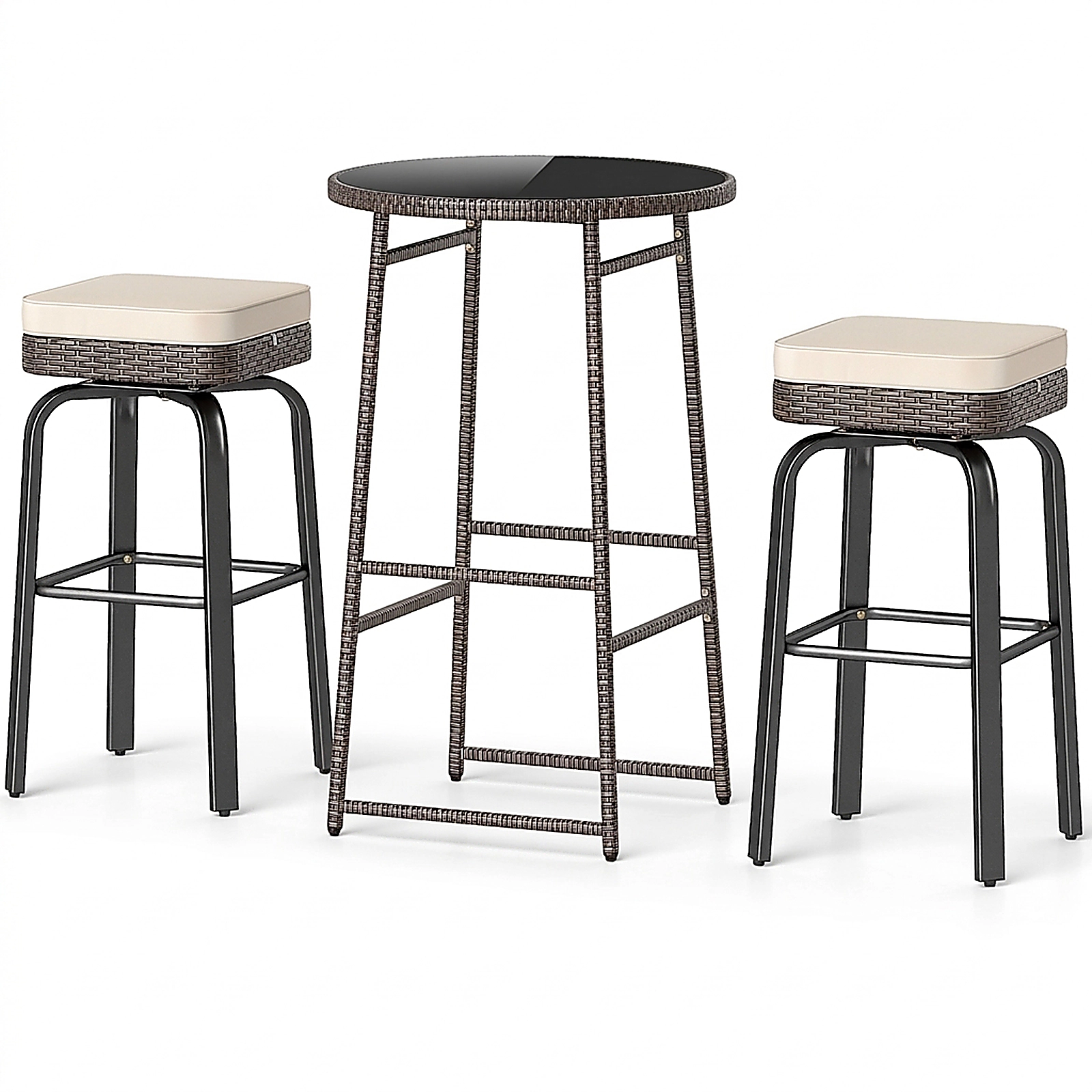 SUGIFT Outdoor Swivel Bar Set with Table and 400-lb Chairs Mix Brown Rattan with Off White Cushions