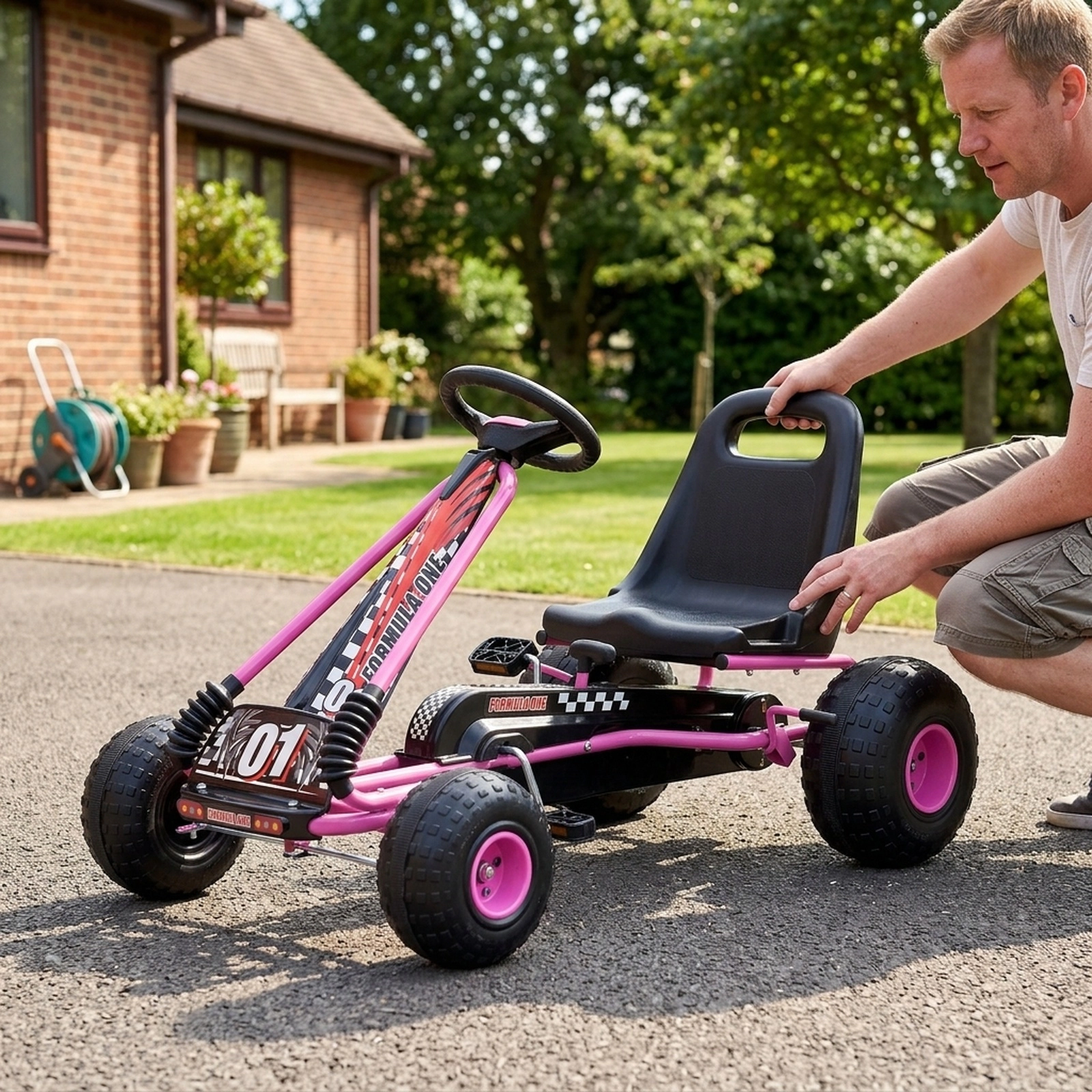 Kids 4-Wheel Pedal Powered Ride On 2-Position Adjustable Seat Handbrake Multi-Terrain Wheels Ages 3-8 Pink Pedal Go Cart