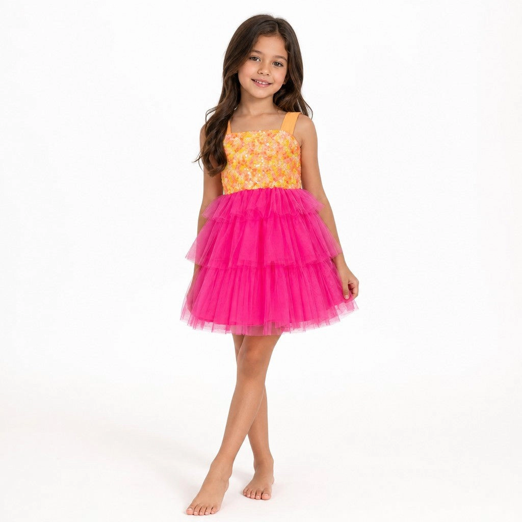 Faeella Girls Pink Lemonade Sequin Tiered Tulle Birthday Dress