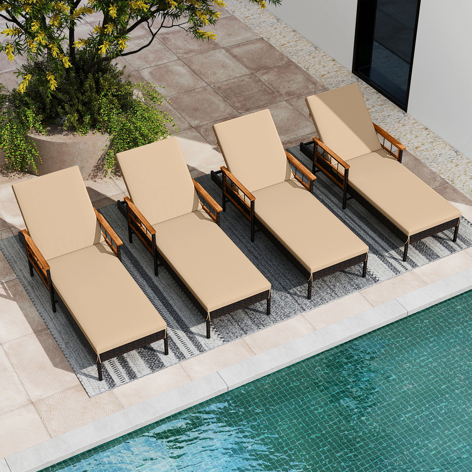 LJG Patio Rattan Chaise Lounge with 4-Level Adjustable Backrest