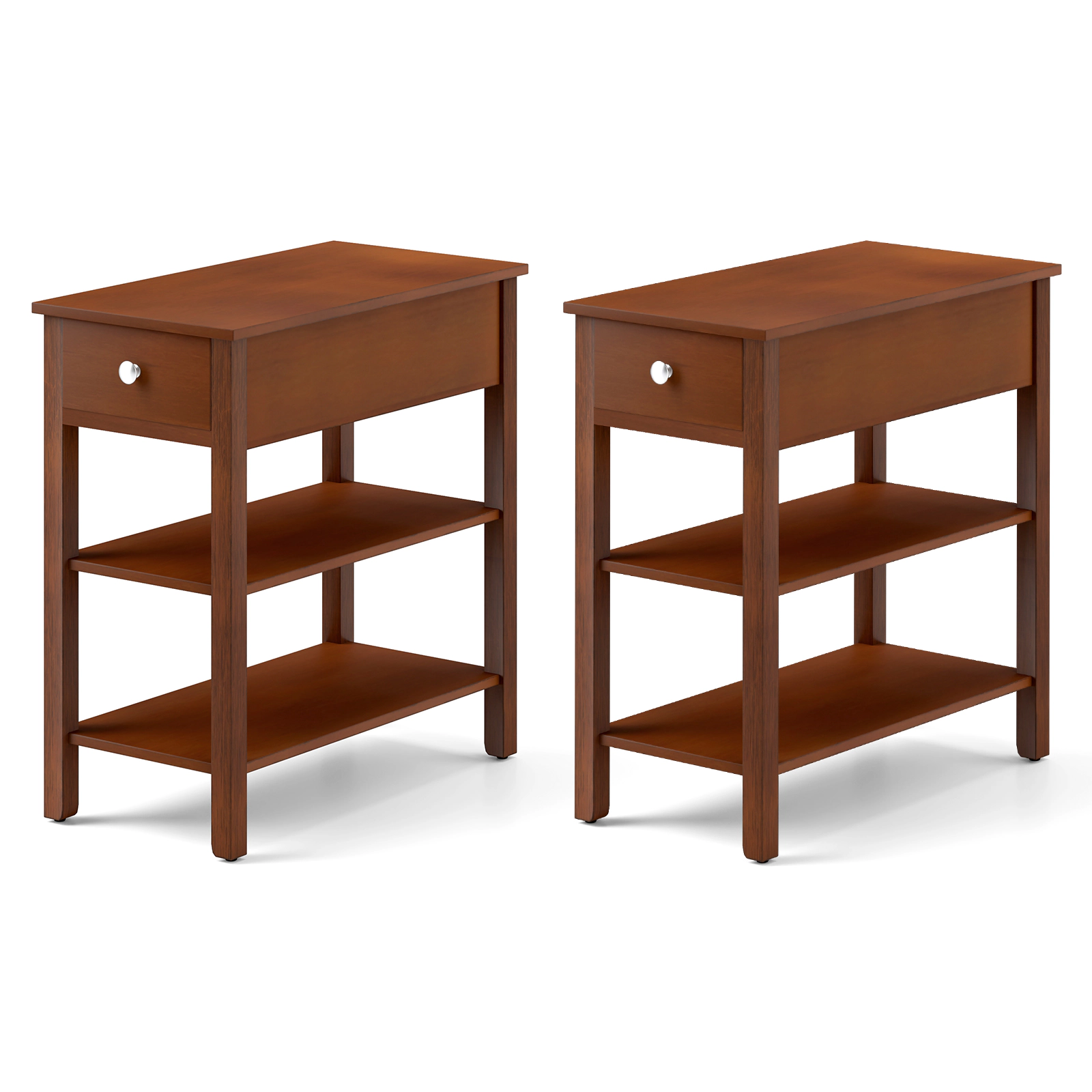 SUGIFT 3-Tier Narrow End Tables with Drawer and Storage Shelves Set of 2 210-lb Total Capacity Brown/Walnut