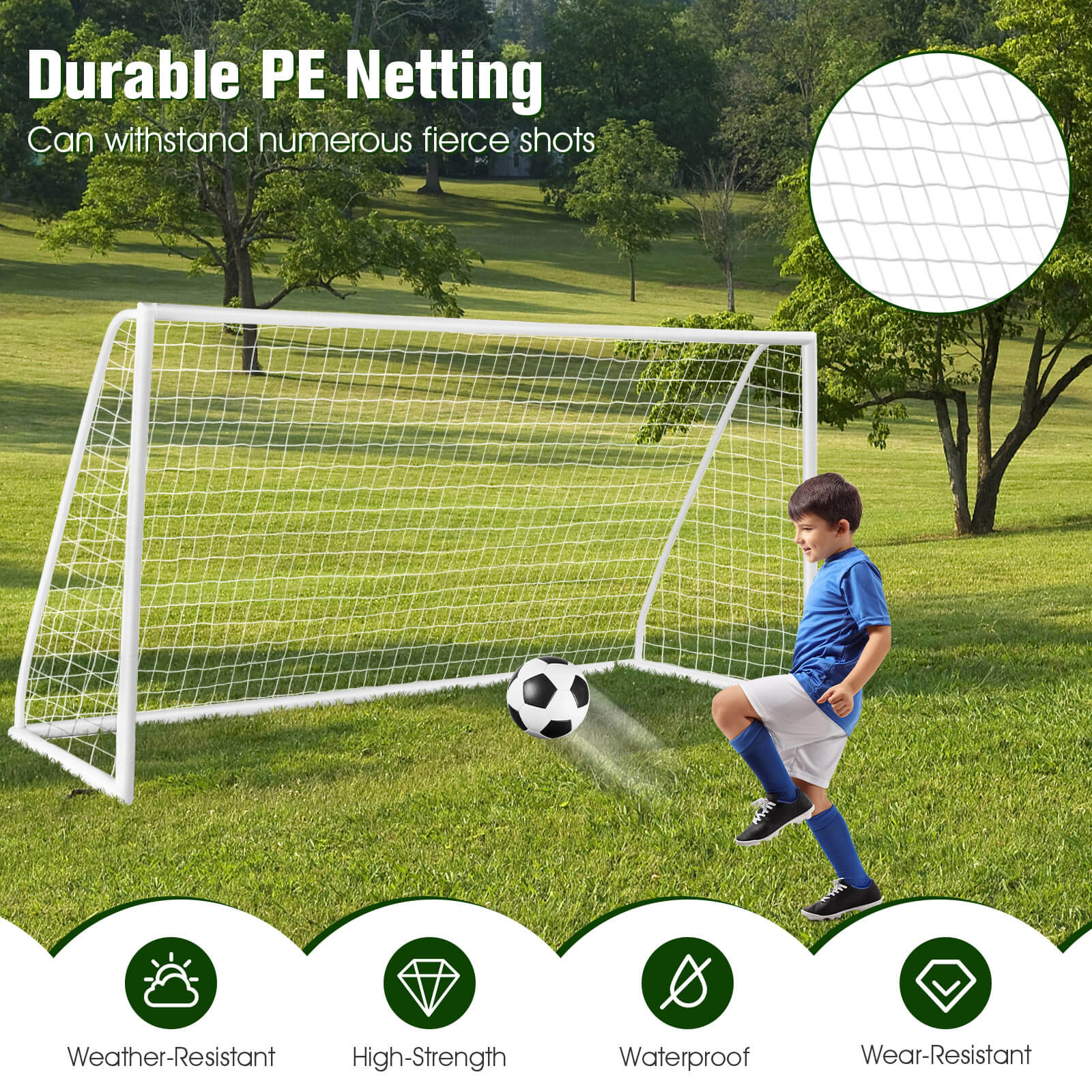SUGIFT 12 x 6-ft Soccer Goal Thickened PVC Frame PE Net 6 Ground Pegs 143.7 x 47.24 x 71.65-in Ages 6+ White