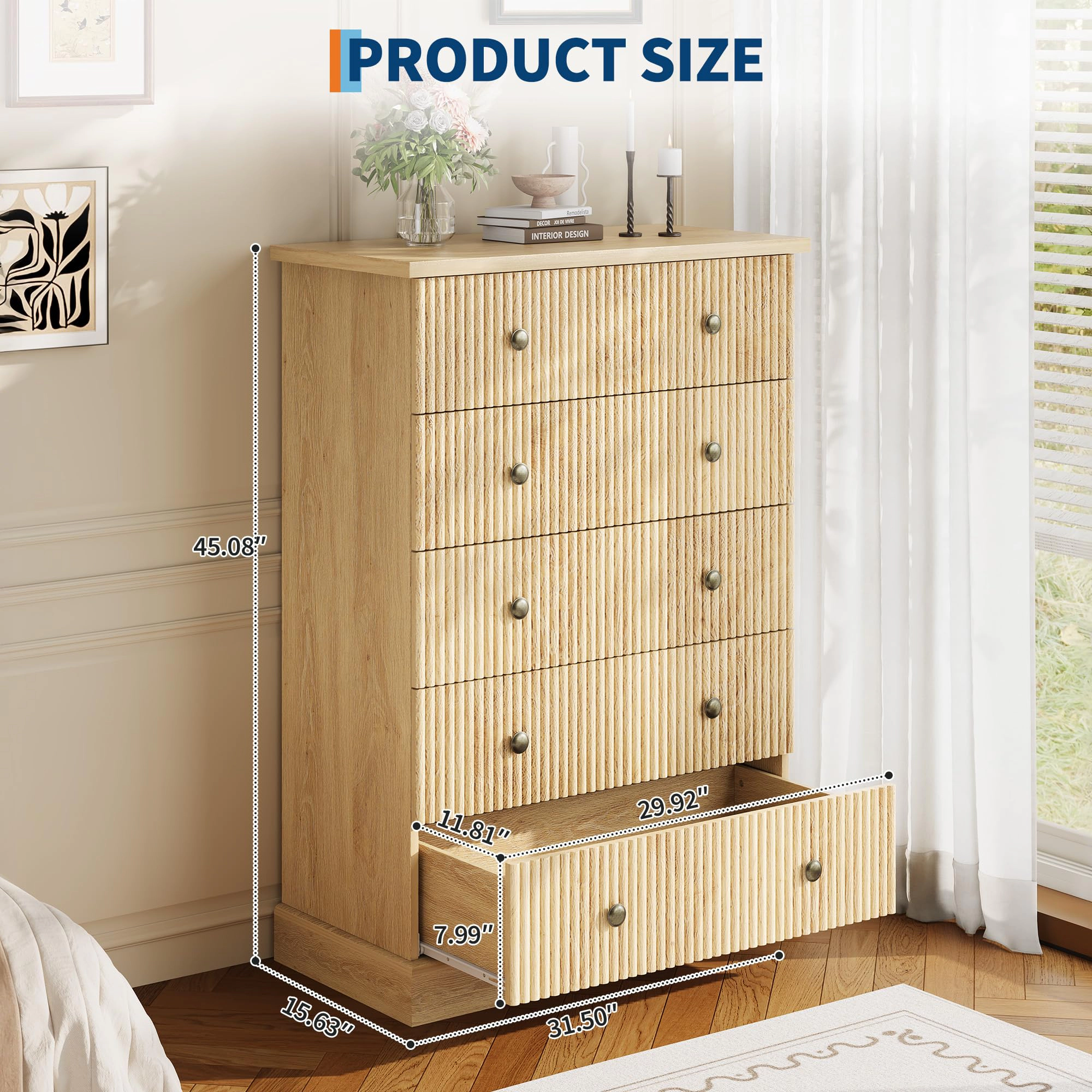 5 Drawer Fluted Dresser, Slim Vertical Wood Chest with Metal Handles for Bedroom Apartment Guest Room
