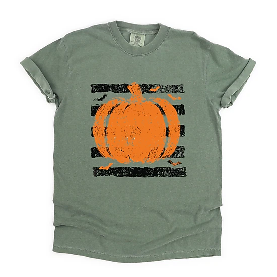 Simply Sage Market - Women's Garment Dyed Graphic T-Shirt - Pumpkin Stripes Bats