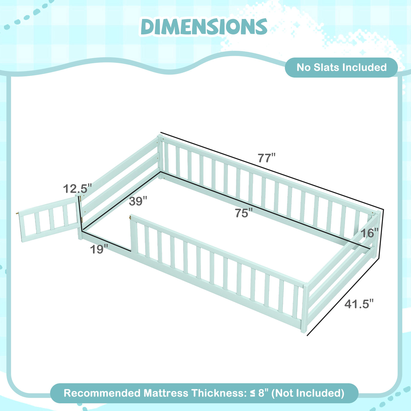 SUGIFT Low-to-Ground Twin Montessori Floor Bed Frame Toddler Bed Full Length Safety Guardrails & Lockable Door Green