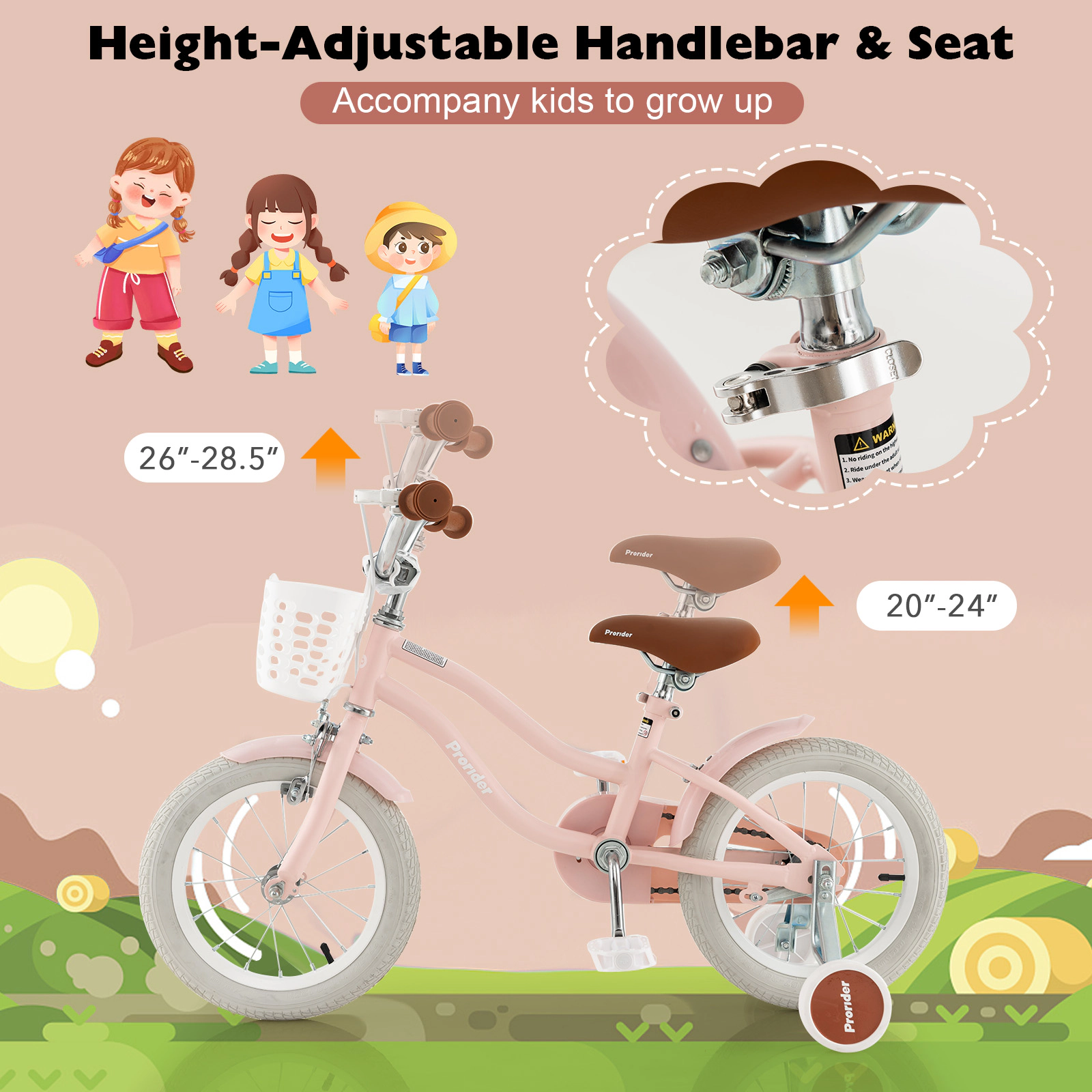 14-in Girls Bike with Training Wheels Removable Basket and Coaster Brake for Ages 3-5 Air Tires Kids Bicycle