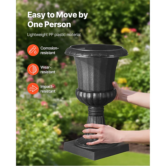 HONGGE Set of 2 Black Urn Planters, 9.8 x 16.5 Inch PP Plastic Flower Pots for Porch, Patio, and Garden