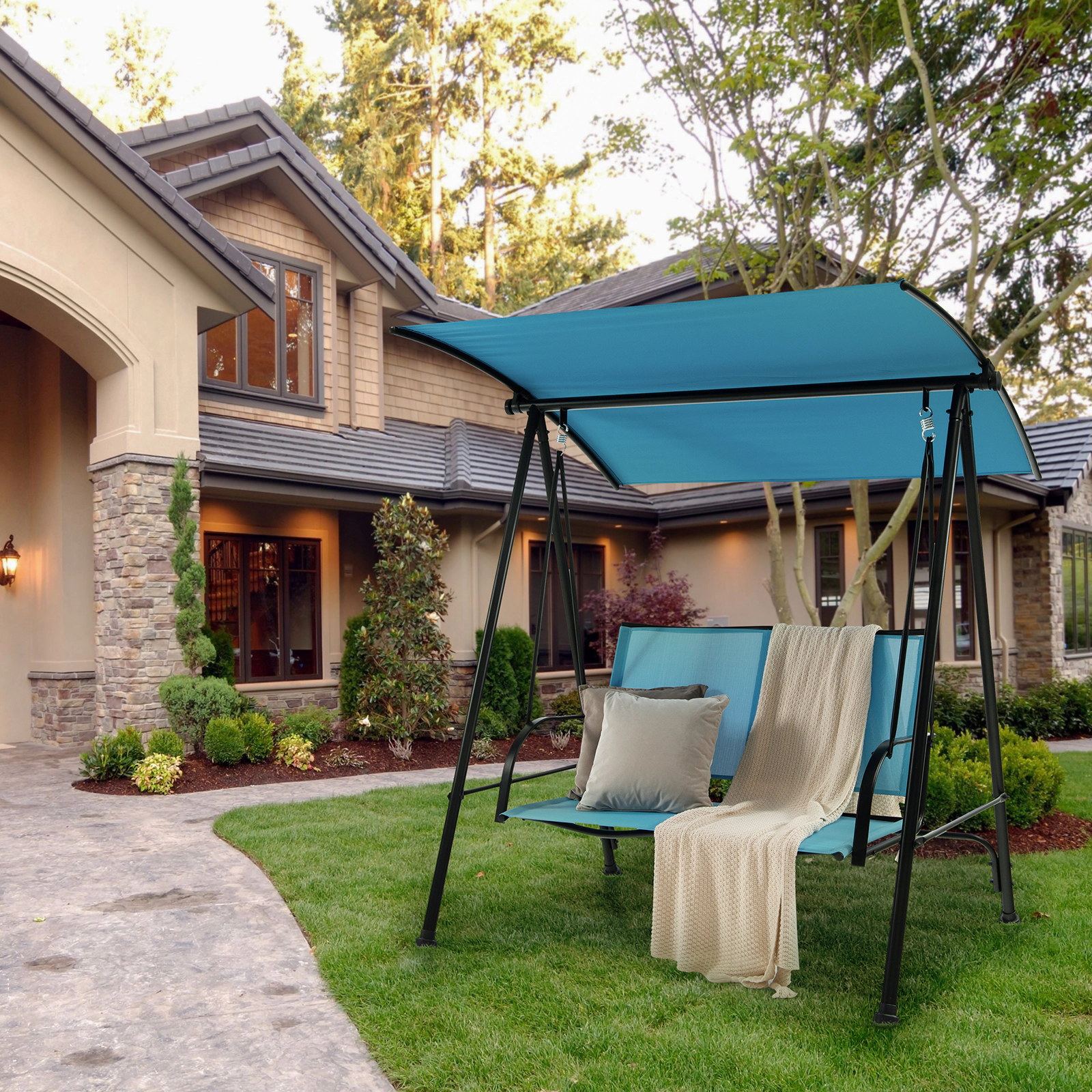 SUGIFT 2-Seat Navy Blue Outdoor Porch Swing with Canopy, 600-lb Capacity