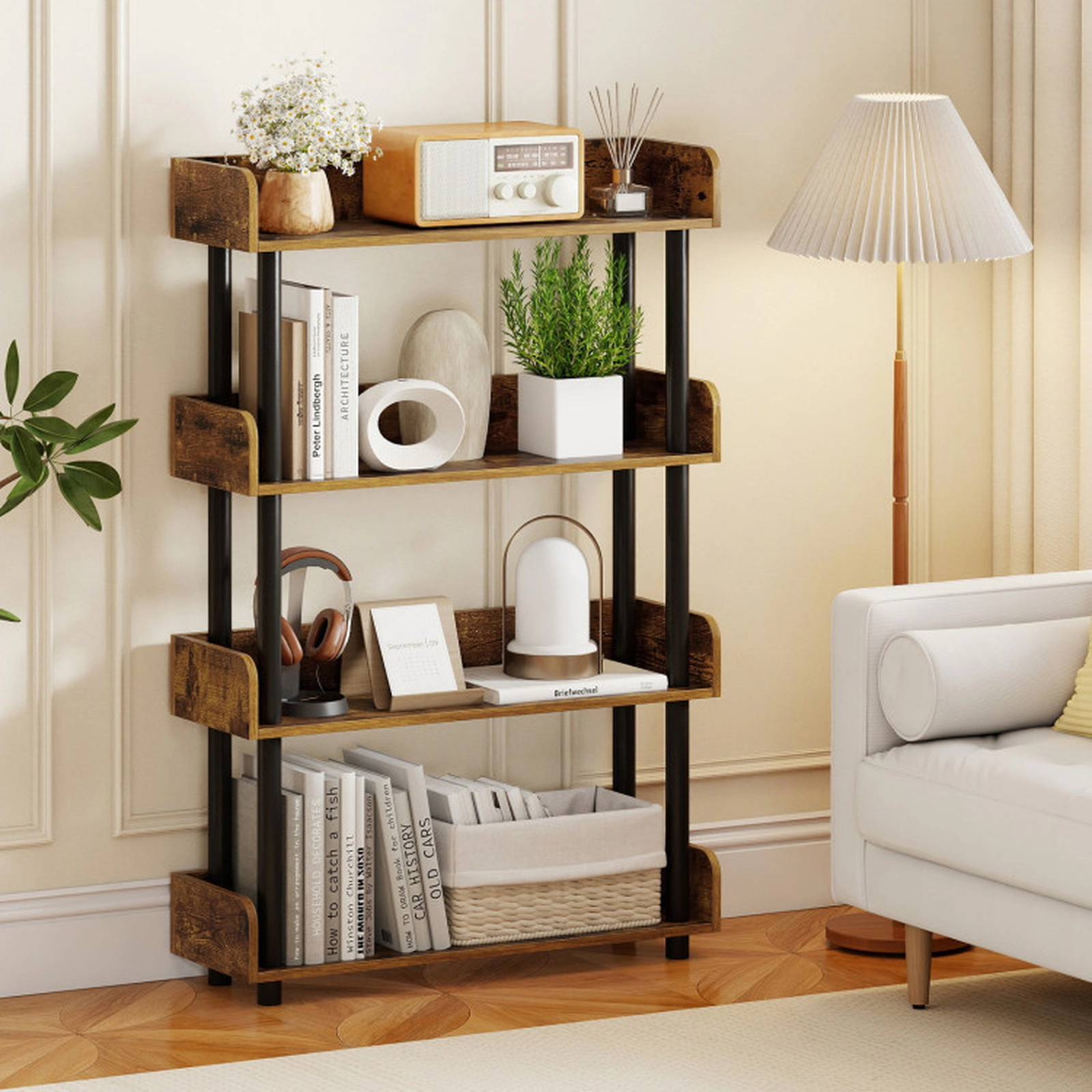 SUGIFT 4-Tier Open Bookshelf with Guardrails and Anti-Tipping Kit Bookcase 33-lb Per Shelf Capacity Rustic Brown & Black