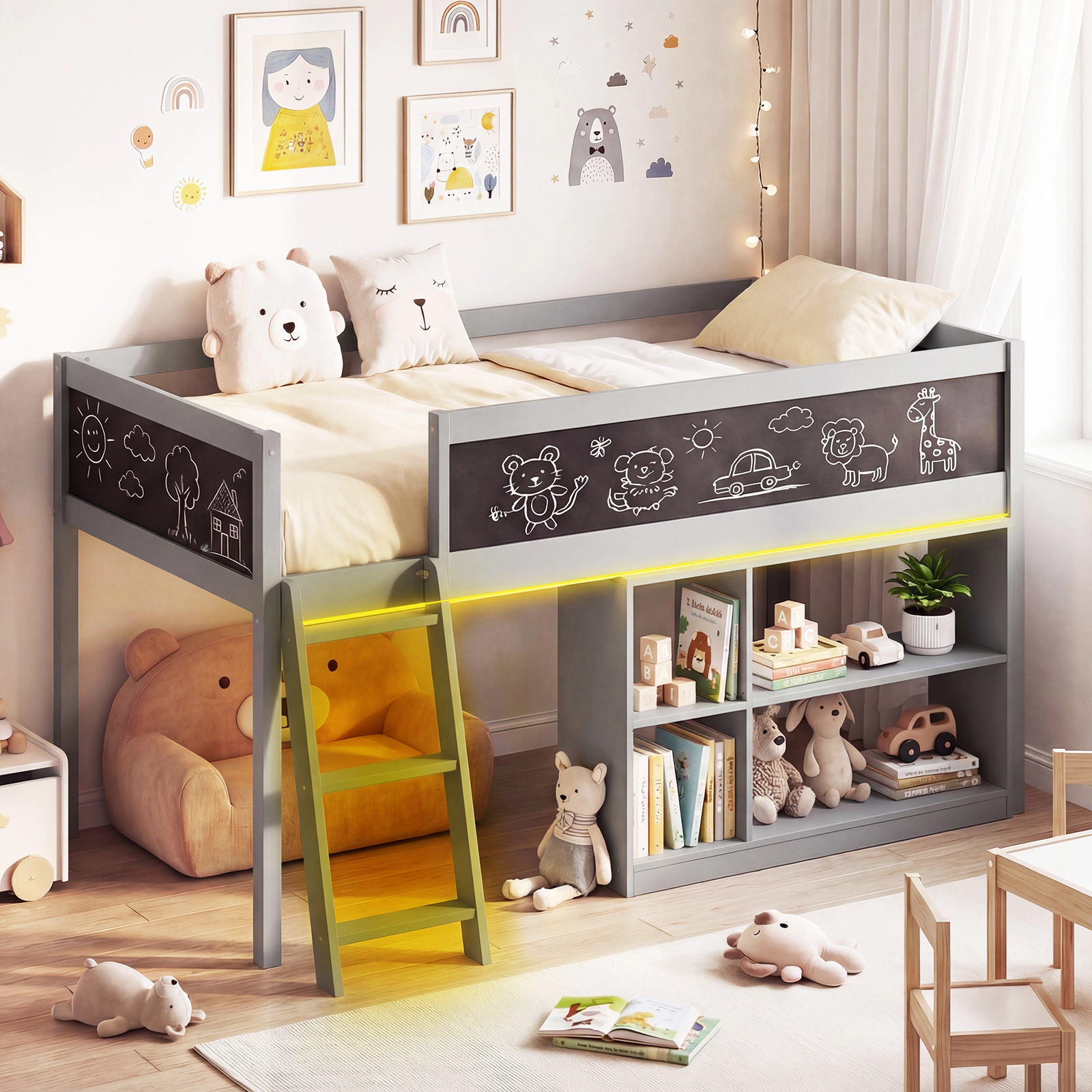 Costway Kids Loft Bed w/LED Lights Chalkboard & Removable Bookcase Safety Guardrail White