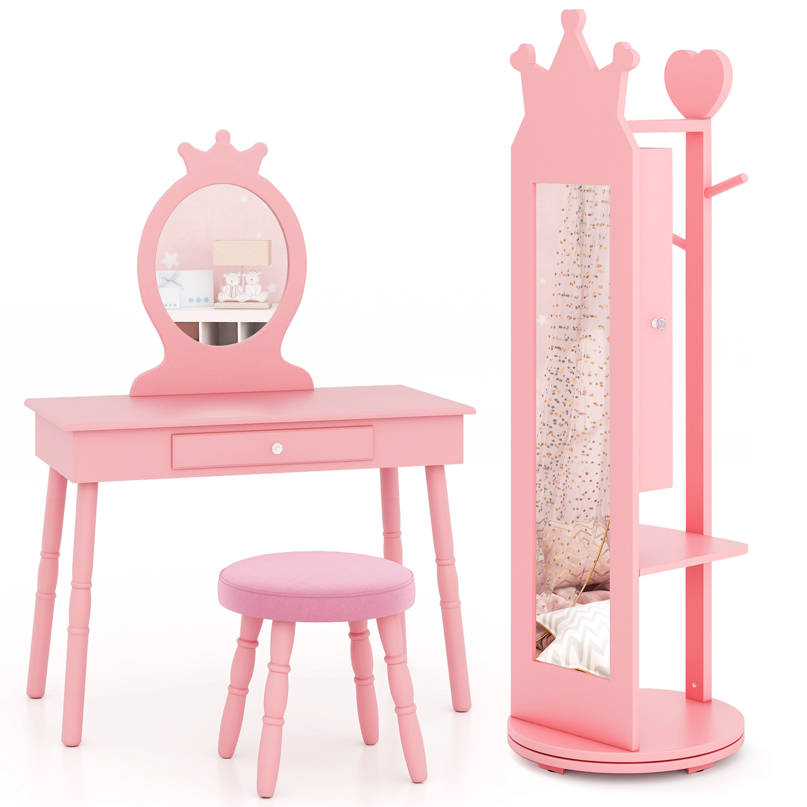 SUGIFT Princess Vanity Table and Stool with Jewelry Cabinet and Full-Length Mirror 110-Lb Capacity Ages 3+ Pink/White