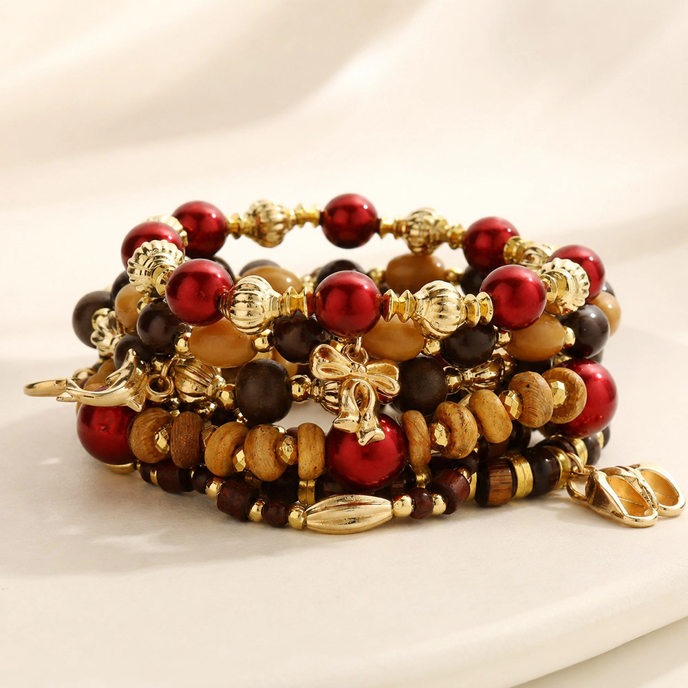 FASHNZFAB 7PCS - Metal Flip Flop Angel Heart Dolphin Charm Pointed Various Beads Beaded Stretch Multi Layered Bracelet