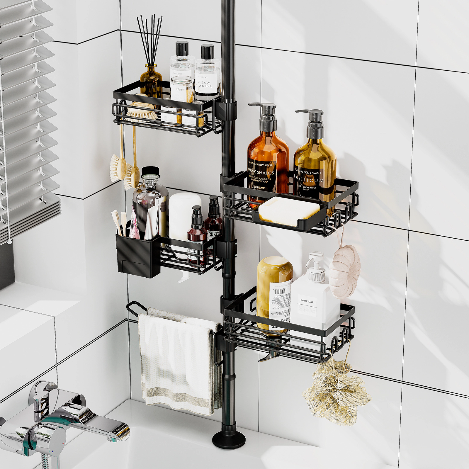 Utopia Alley 109-Inch Adjustable Tension Pole Shower Caddy Corner Organizer, 6‑Tier Shower Rack & No‑Drill, Matte Black
