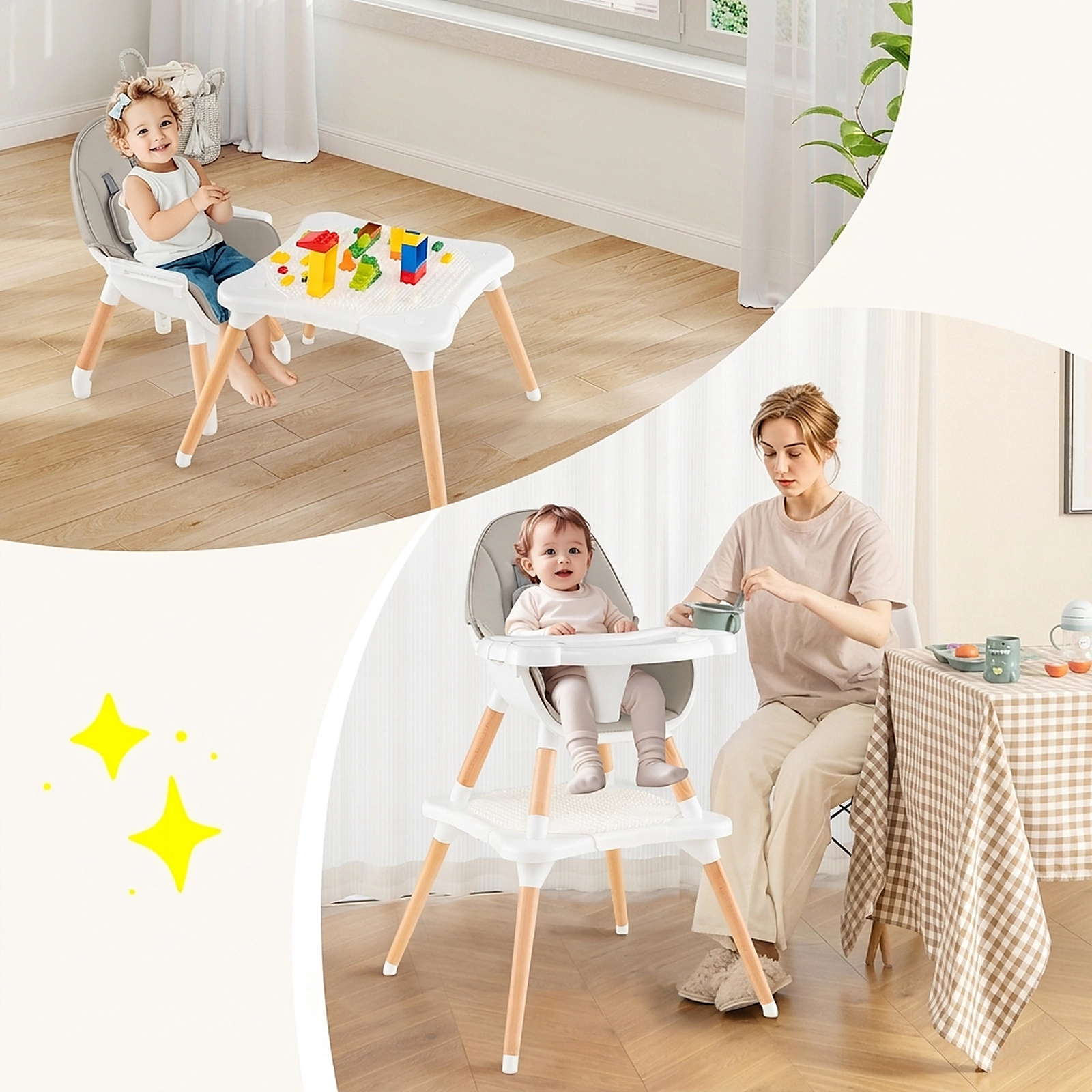Convertible Birch Wood High Chair for Babies and Toddlers 4-Level Double Tray Grooved Block Tabletop Leg Release