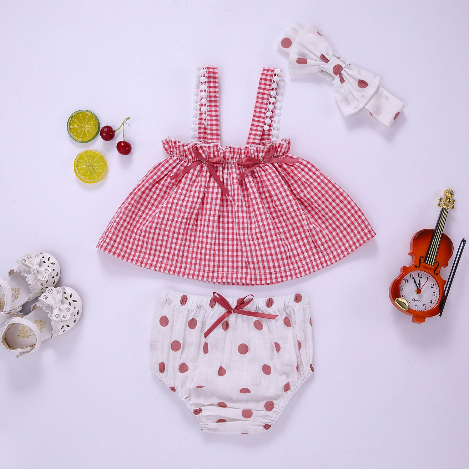 MyKids-USA Baby Girl Plaid Pattern Sling Tops Combo Polka Dot Shorts With Handband Sets
