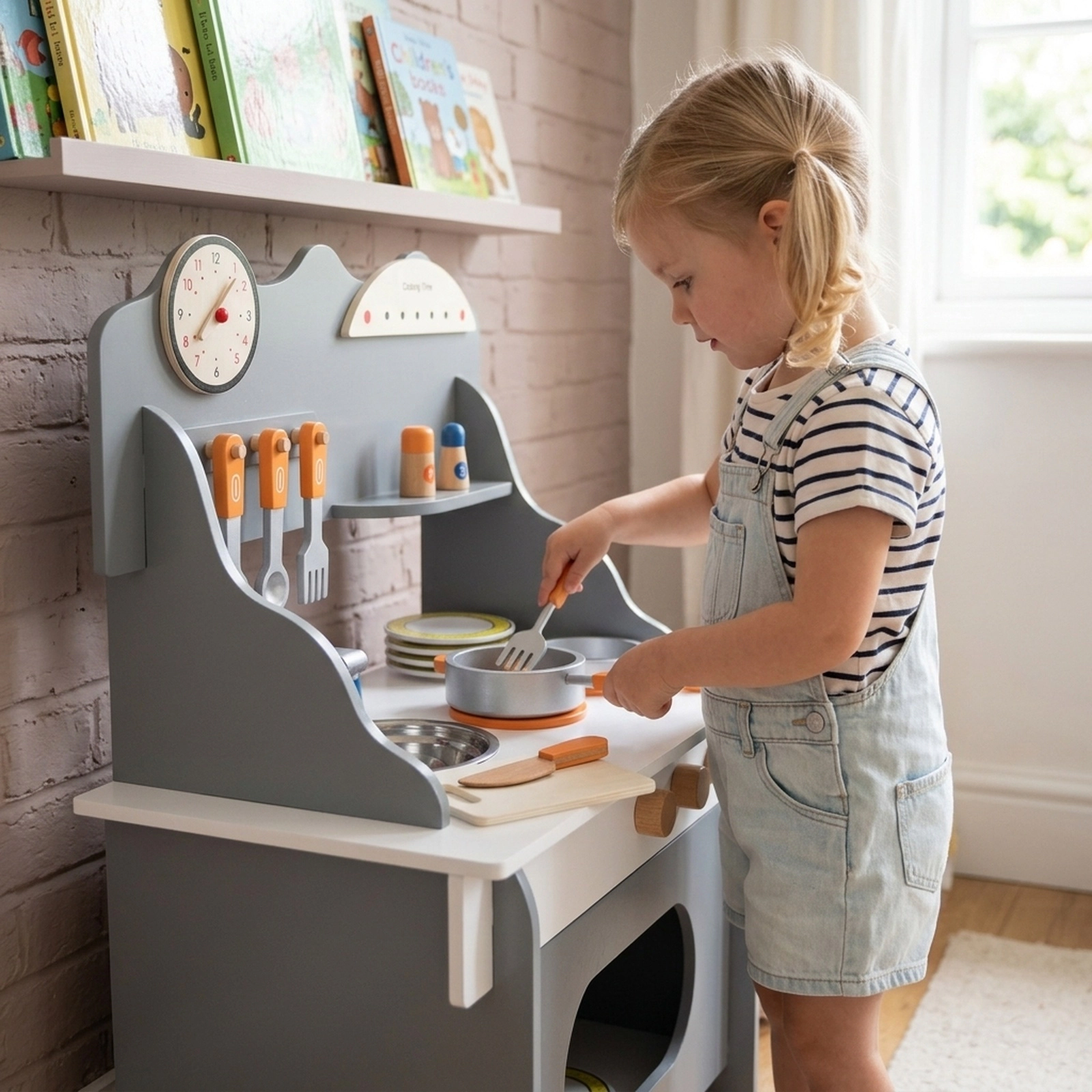 Wooden Play Kitchen for Toddlers with Learning Clock Anti-Tip Kit and 14-in Counter 20.5-in x 11.5-in x 28-in Gray