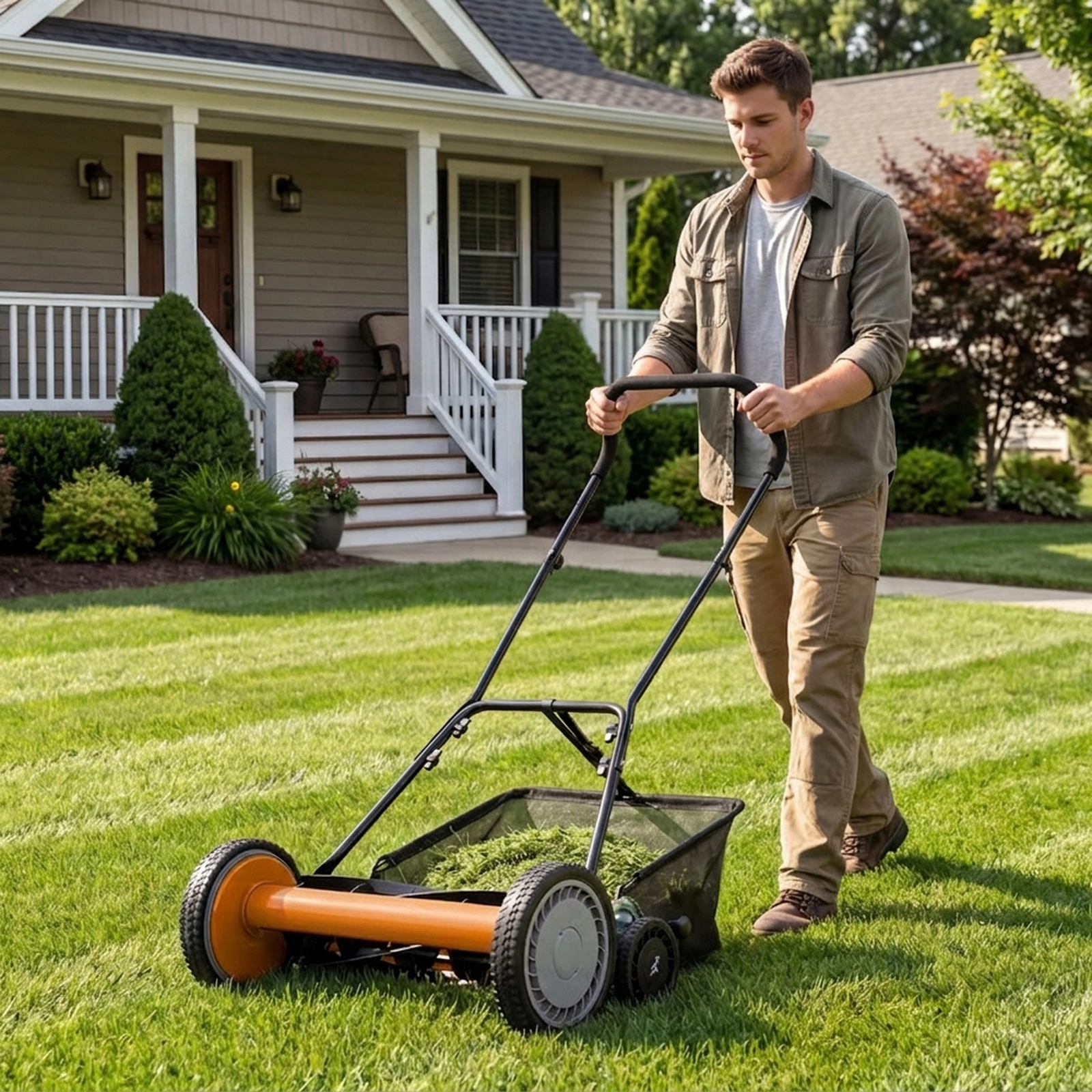 SUGIFT 18-in Push Reel Lawn Mower with 4-Position Height Adjustment Removable Grass Catcher Orange