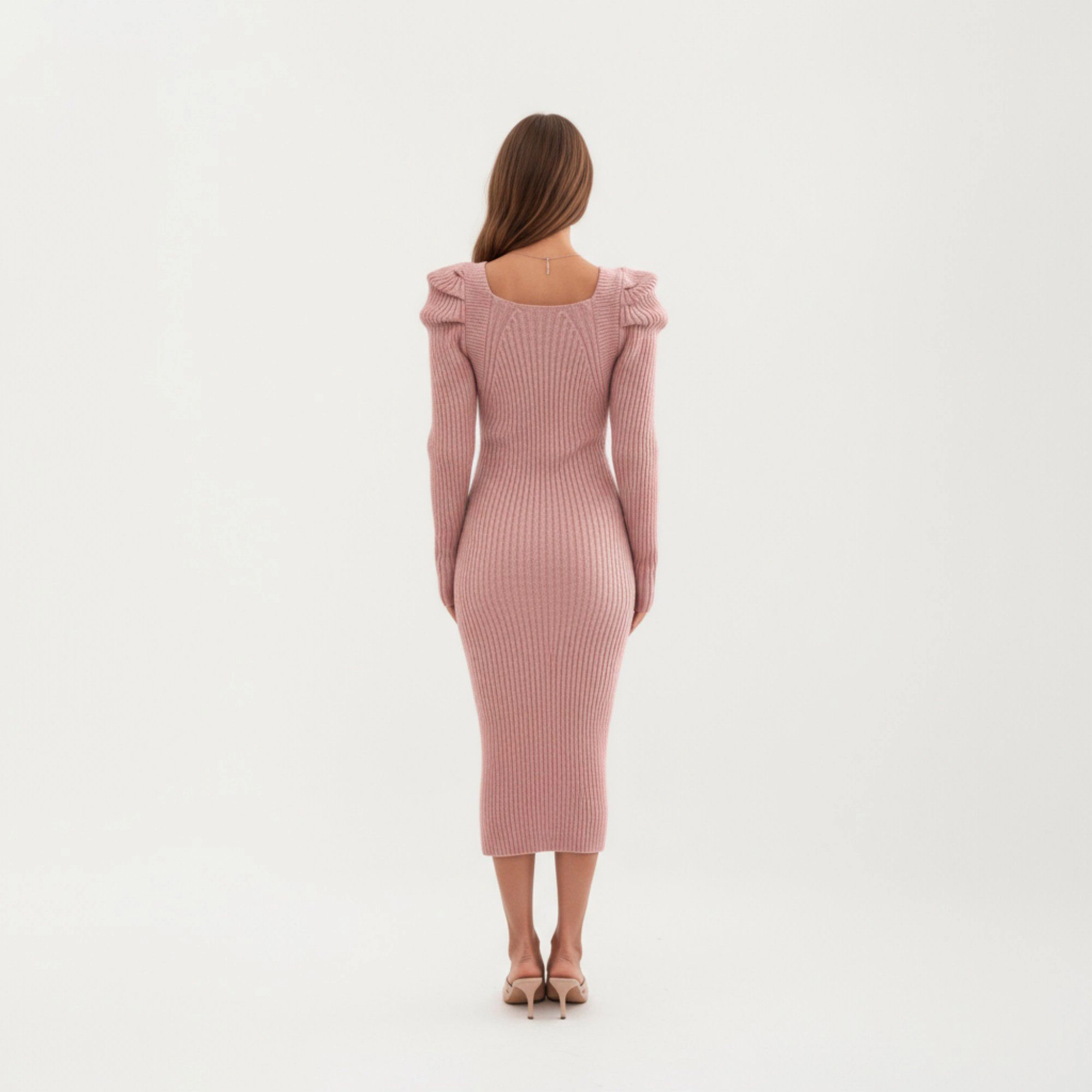 Anna-Kaci Women's Long Sleeve Ribbed Knit Bodycon Puff Shoulder Midi Dress