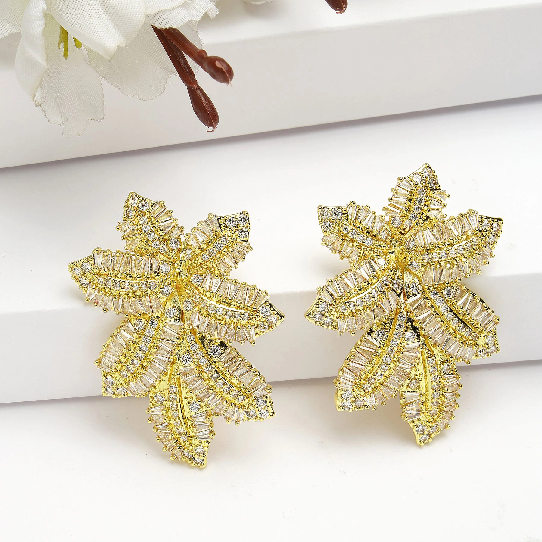 AGP PARIS Womens Diva Collection Cubic Zirconia Yellow Finish Leaf Stud Earrings