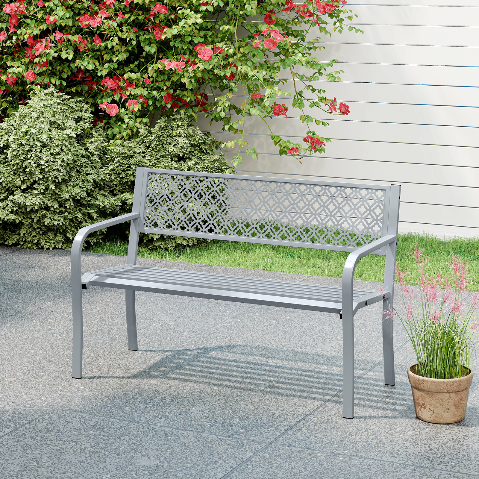 SUGIFT 50-Inch Black Steel Outdoor Garden Bench, 790-Lb Capacity, Geometric Lattice Backrest