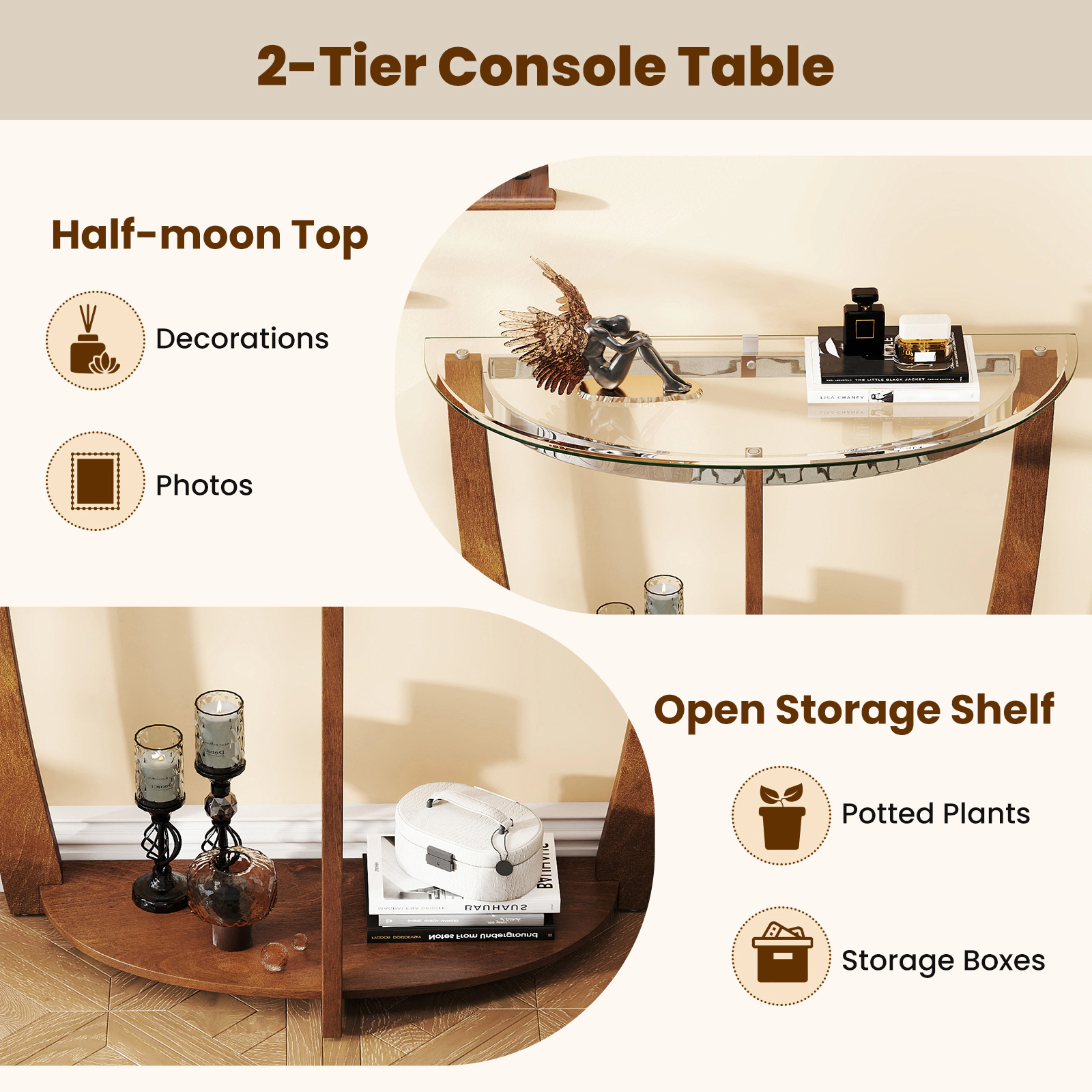Glintex Half-Moon Tempered Glass Console Table with 300-Lb Top and Birch Veneer Shelf