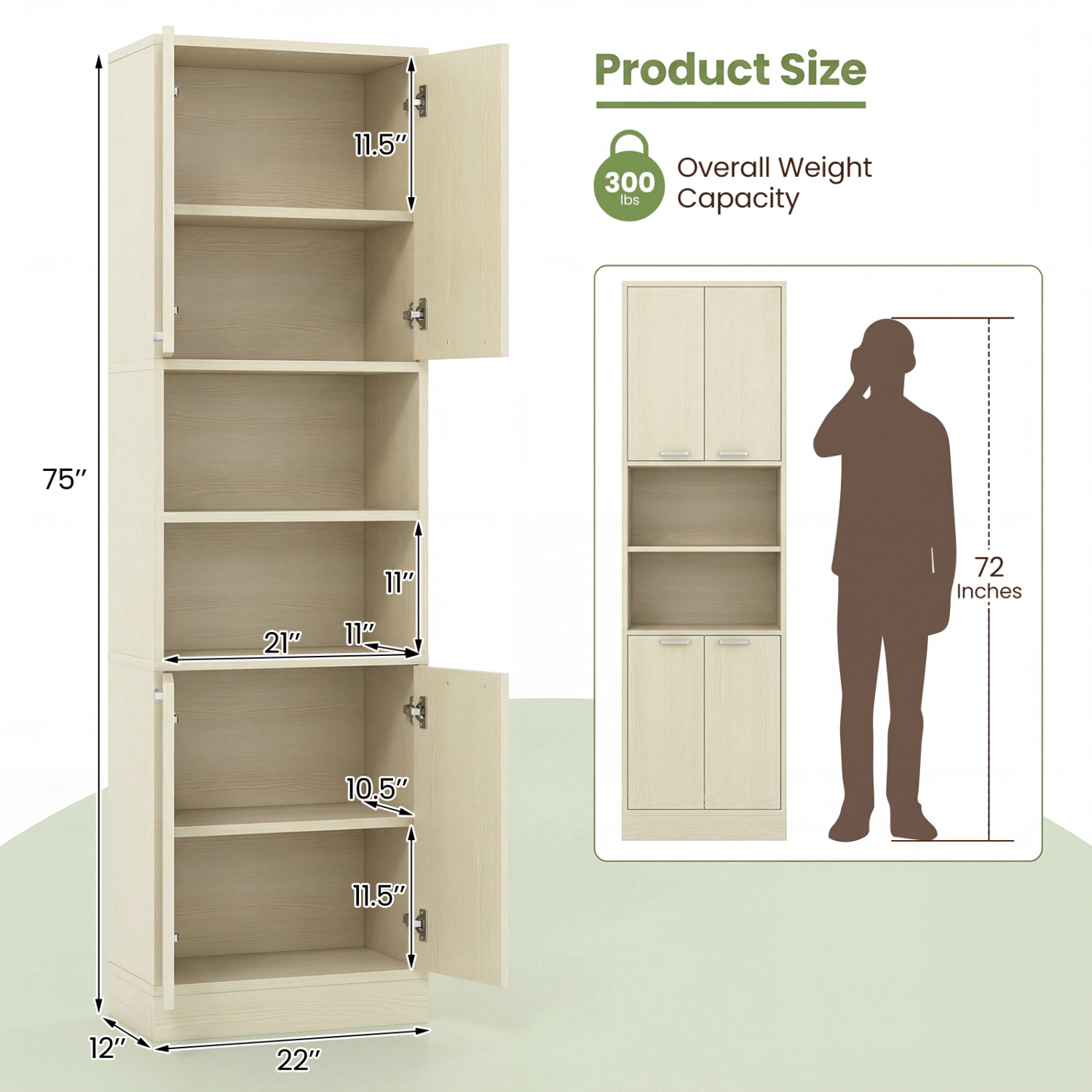 Glintex 75-Inch Tall Pantry Cabinet with 4 Doors and 2 Open Shelves, Light Oak