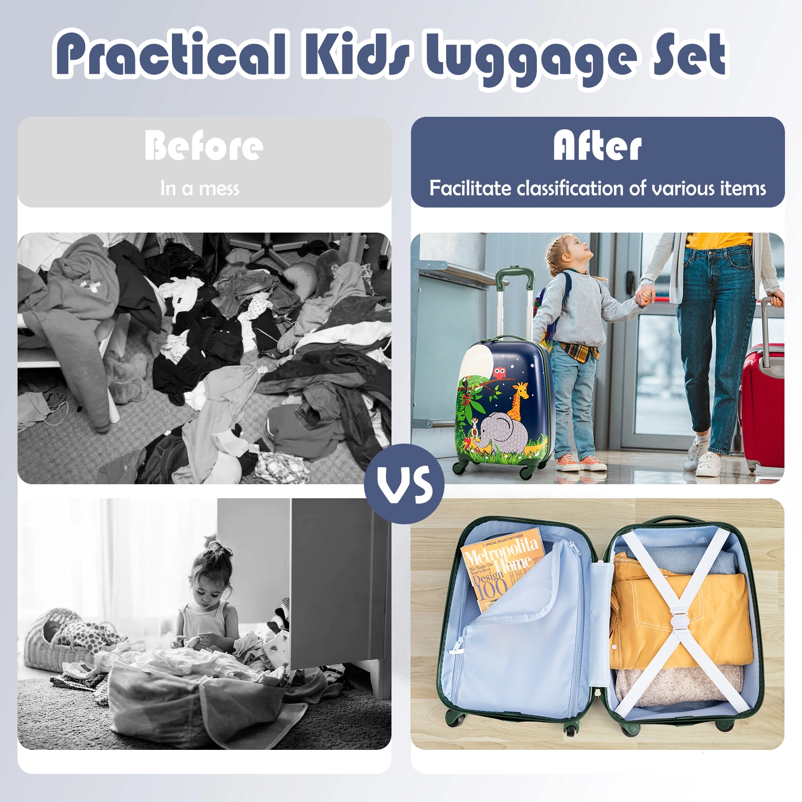 SUGIFT Kids 2-Piece ABS Hardshell 16-in Rolling Carry-On Suitcase 12-in Backpack School Luggage Set 4 Wheels Navy