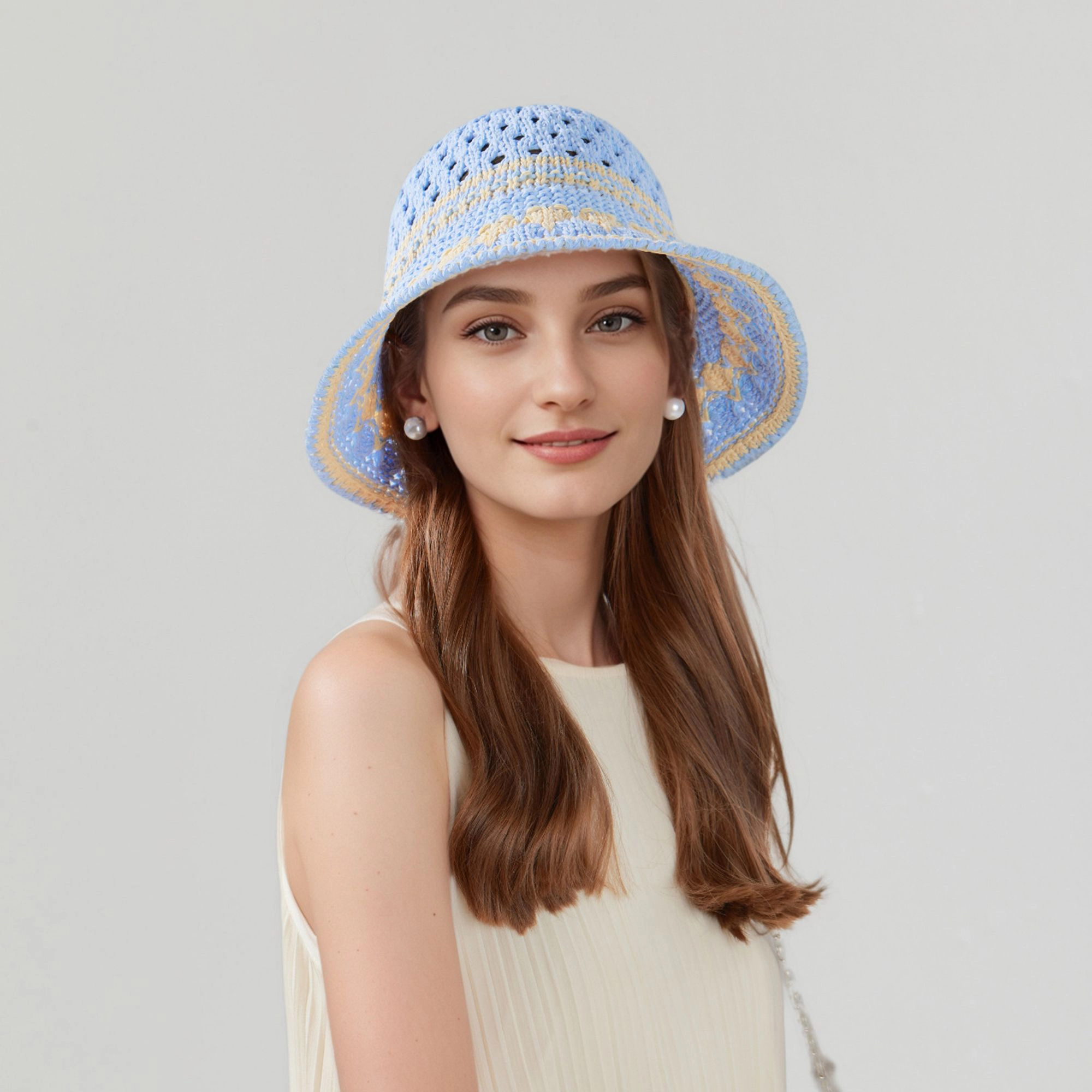 Anna-Kaci Women's Crochet Knit Bucket Hat with Openwork Floral Pattern and Rolled Brim for Lightweight Summer Style