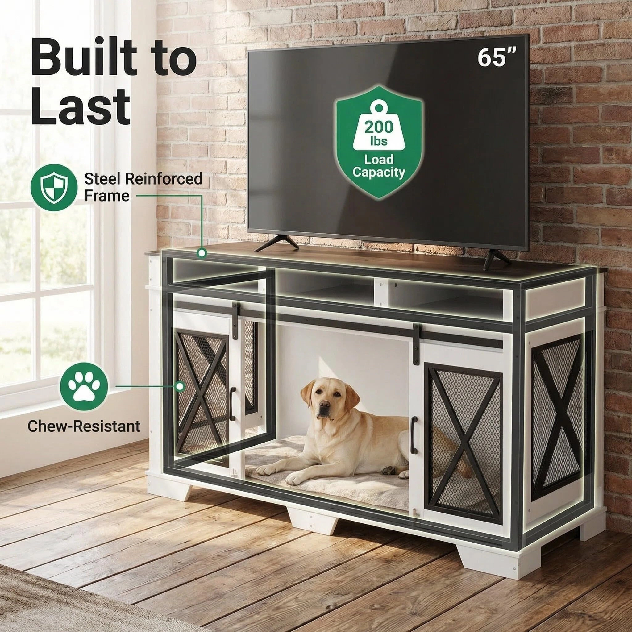 71" Double Dog Crate Furniture, Heavy Duty Wood & Metal Kennel with Divider & Sliding Door, TV Stand