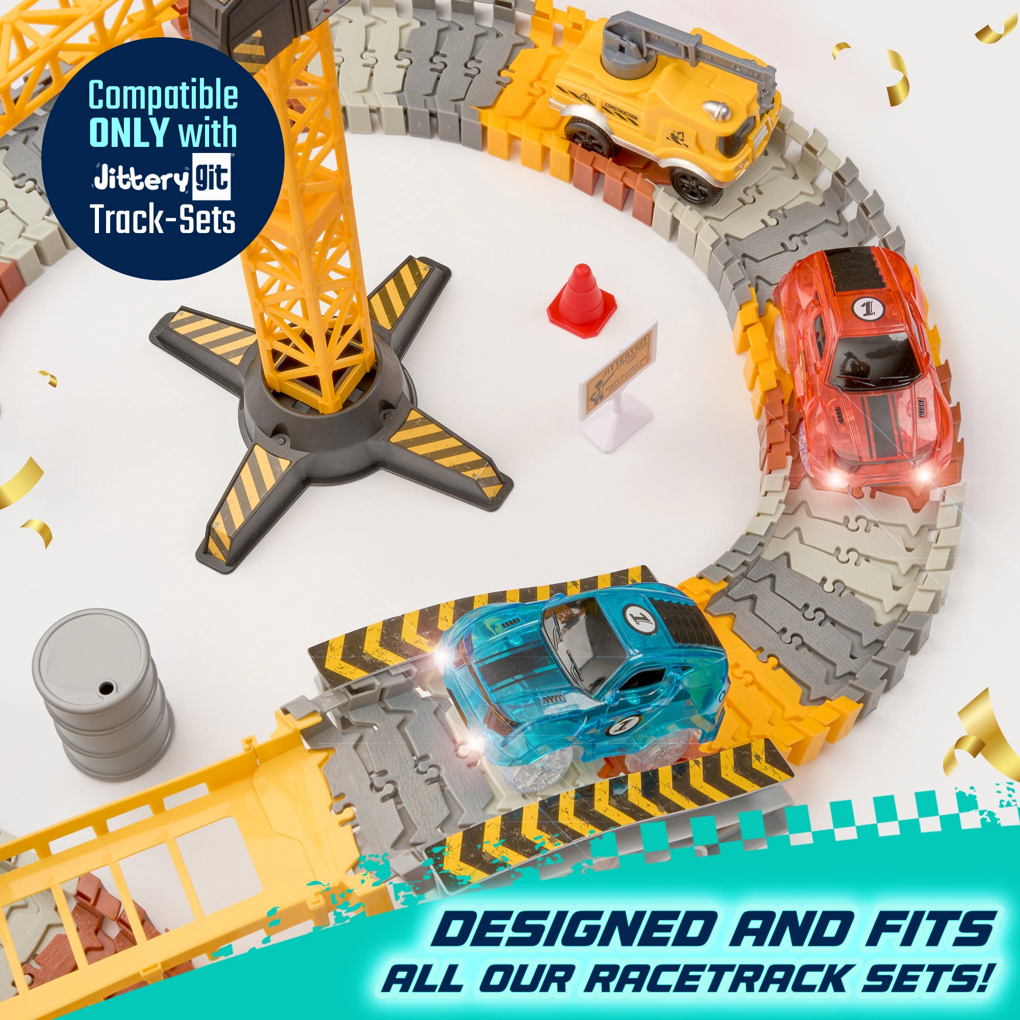JitteryGit Kids Light-Up Racer Cars - 2-Pack Replacement Cars for Glow Flex Tracks, Red & Turquoise