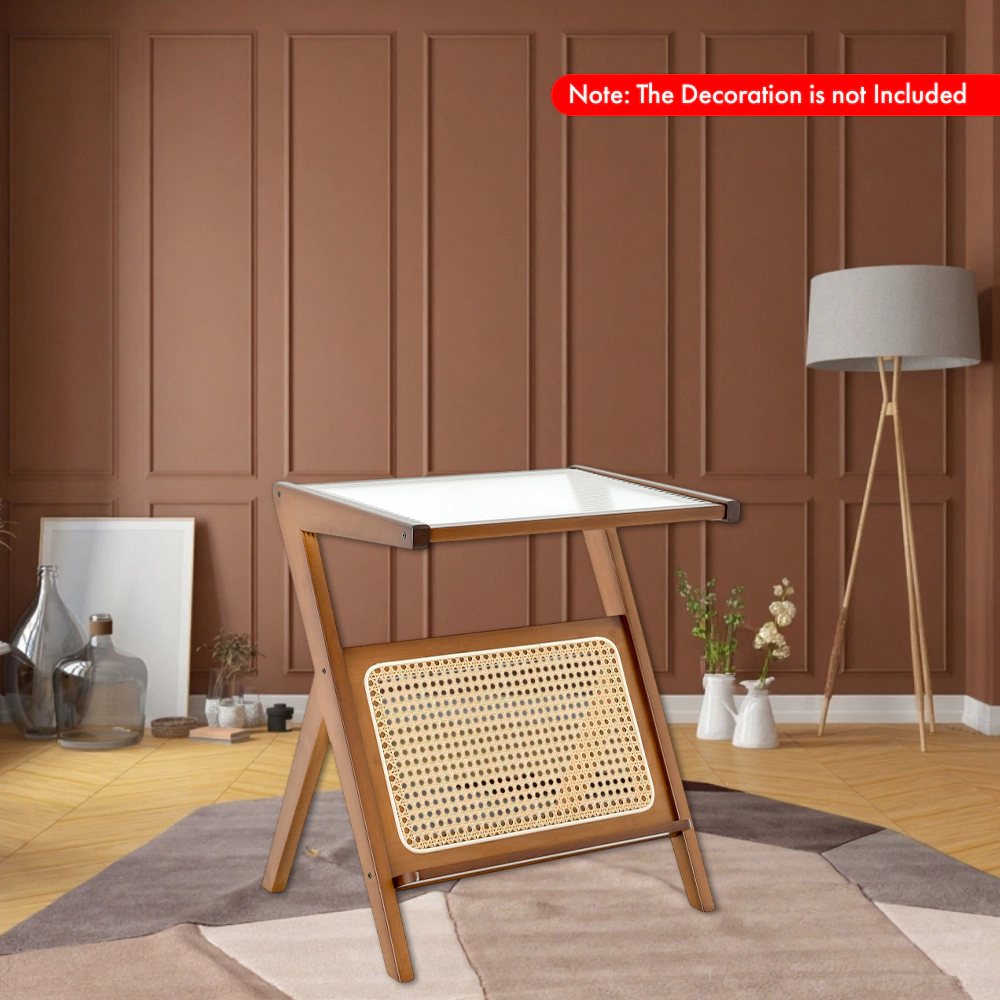 Hivvago Rattan-Style End Table with Magazine Storage and Glass Top