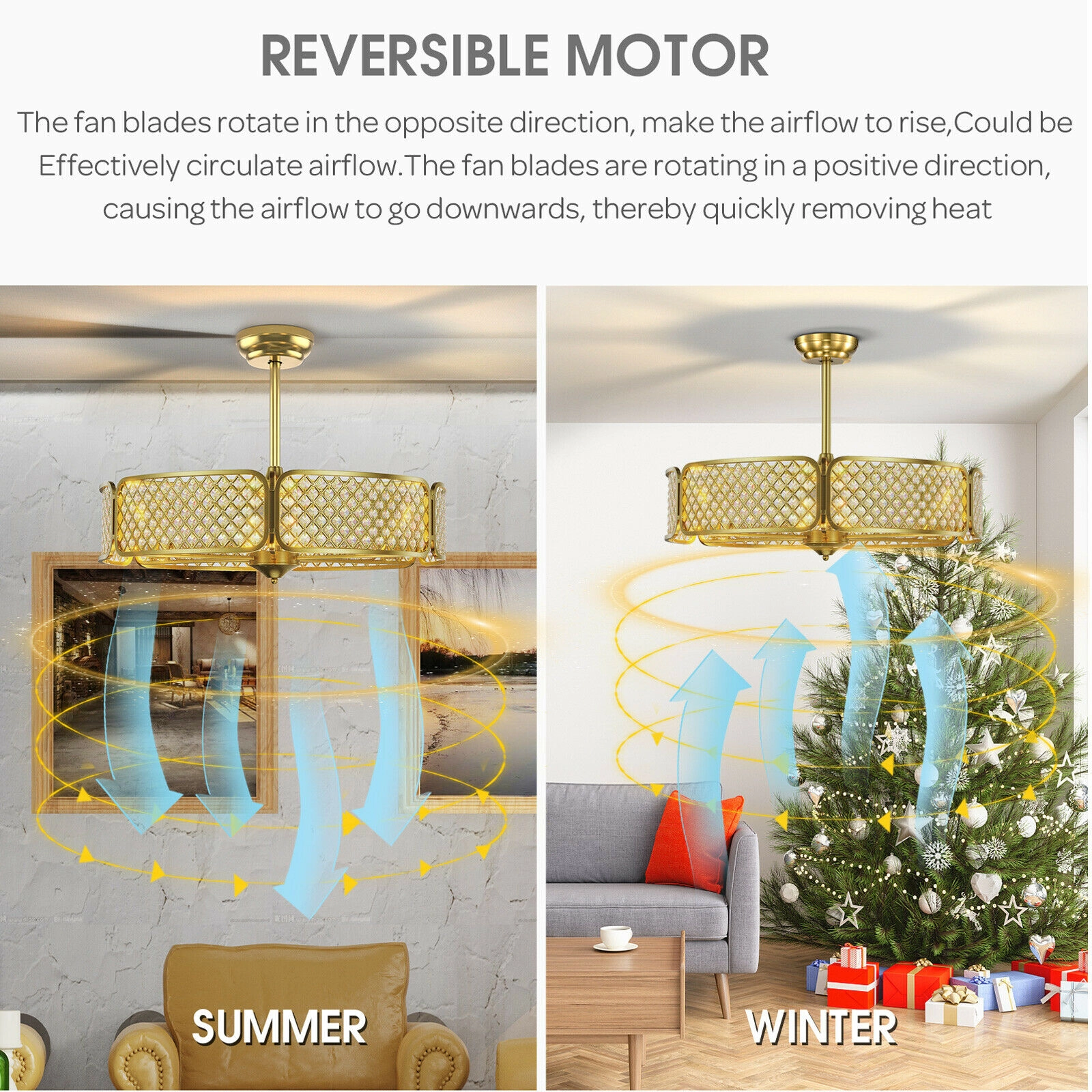 SUGIFT Golden 3-Blade Caged Ceiling Fan with Crystal Lampshade and 6 Speeds 30-in Dia 21-in H