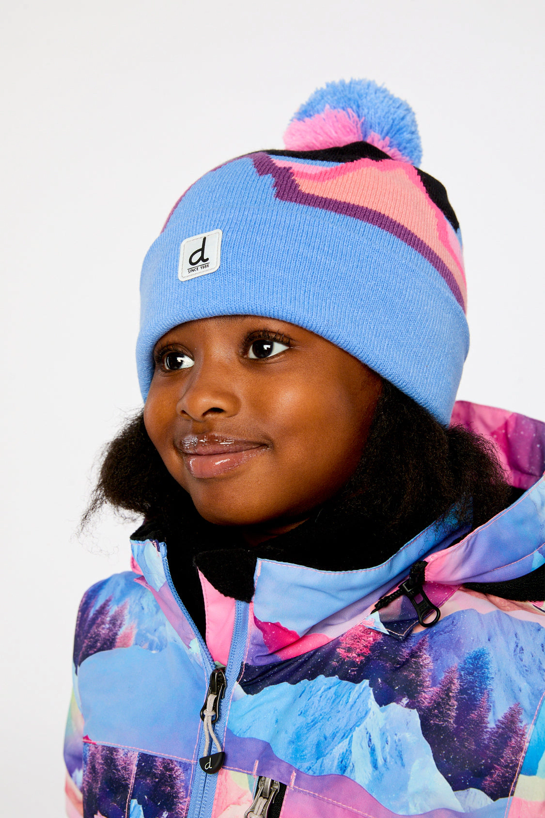 Deux par Deux Girls Winter Knit Hat with Pompom and Printed Mountains