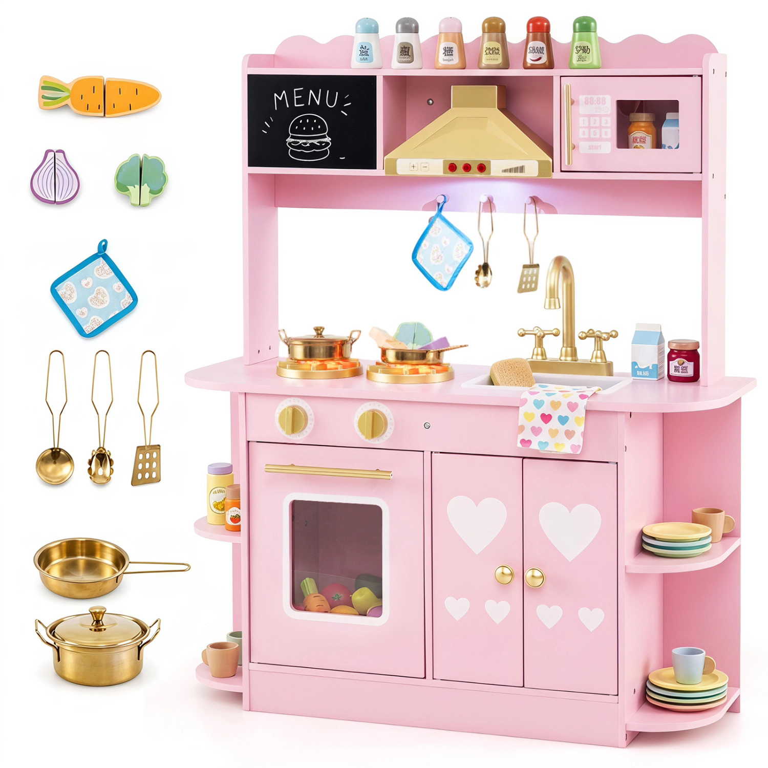 LJG Wooden Play Kitchen with Lights & Sounds and Stove Oven for Toddlers Ages 3+