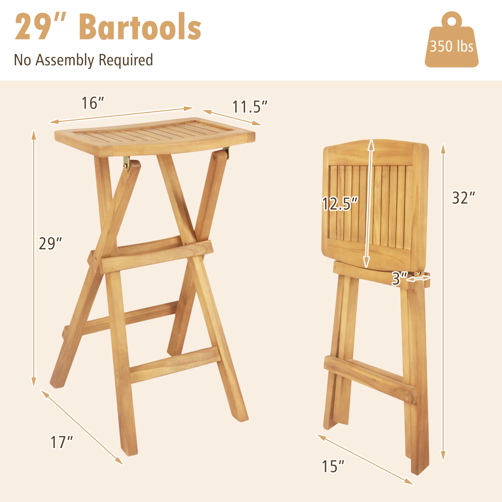 LJG Set of 2 No Assembly Outdoor Bar Stools with Countered Seat