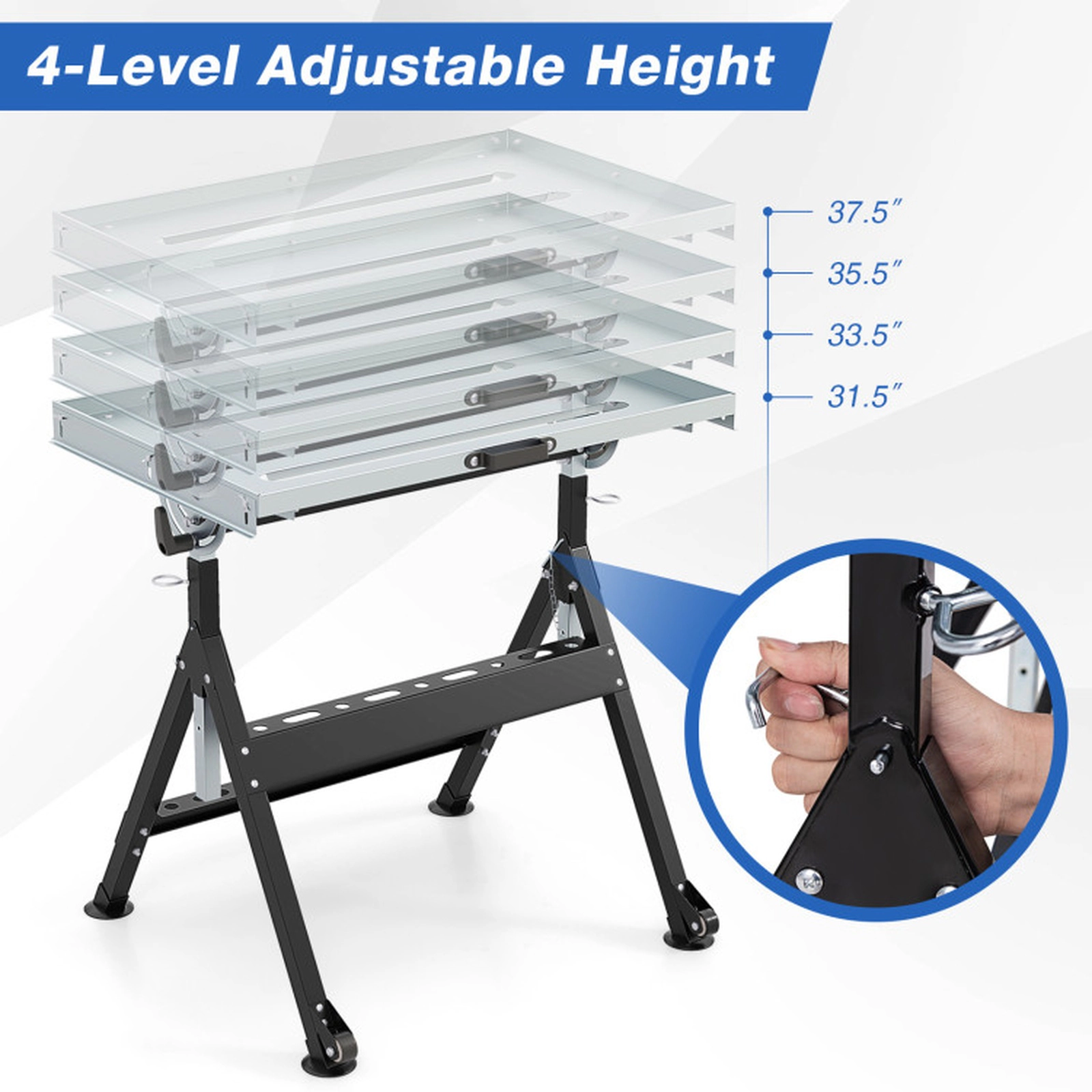 SUGIFT Metal Storage Shelving Workbench Table with Tilting 31 x 20 in Tabletop 4-Level Height Adjustable Black Silver