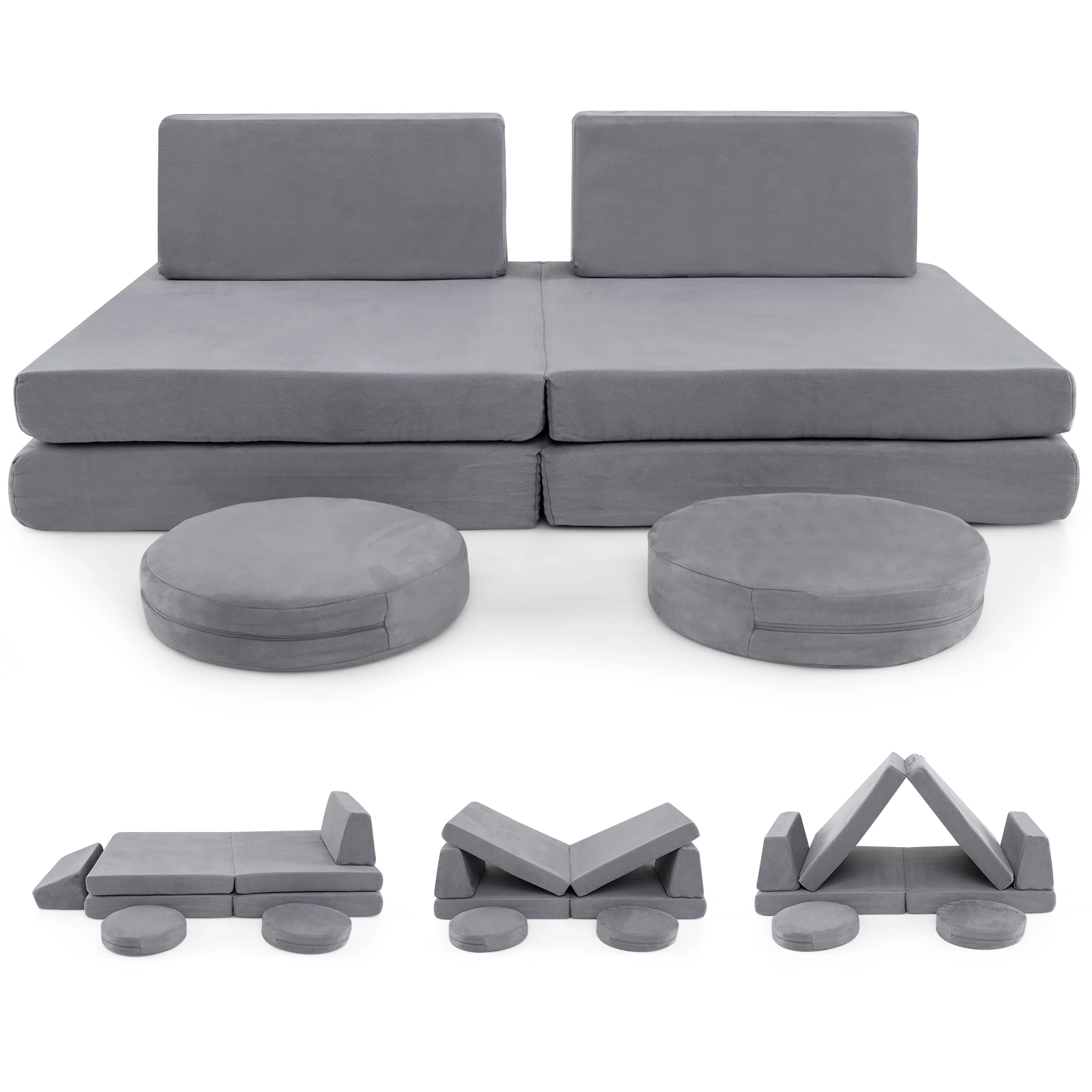 SUGIFT 6-Piece Modular Kids Foam Play Couch Chair Set with Washable Velvet Covers 50.5-in Wide Ages 3+ Gray