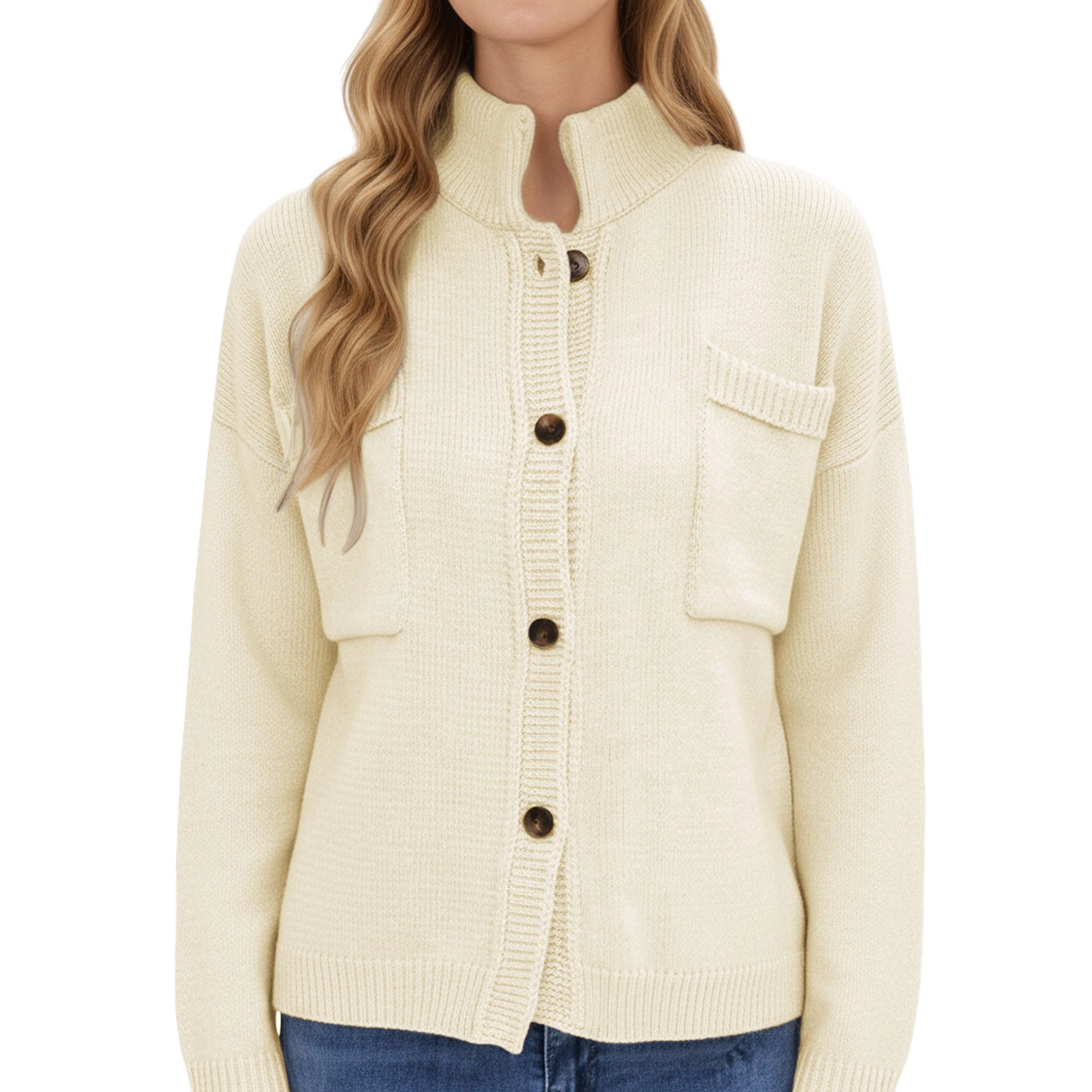 Anna-Kaci Women's Button Front Long Sleeve Knit Fashion Cardigan with Stand Collar and Pocket