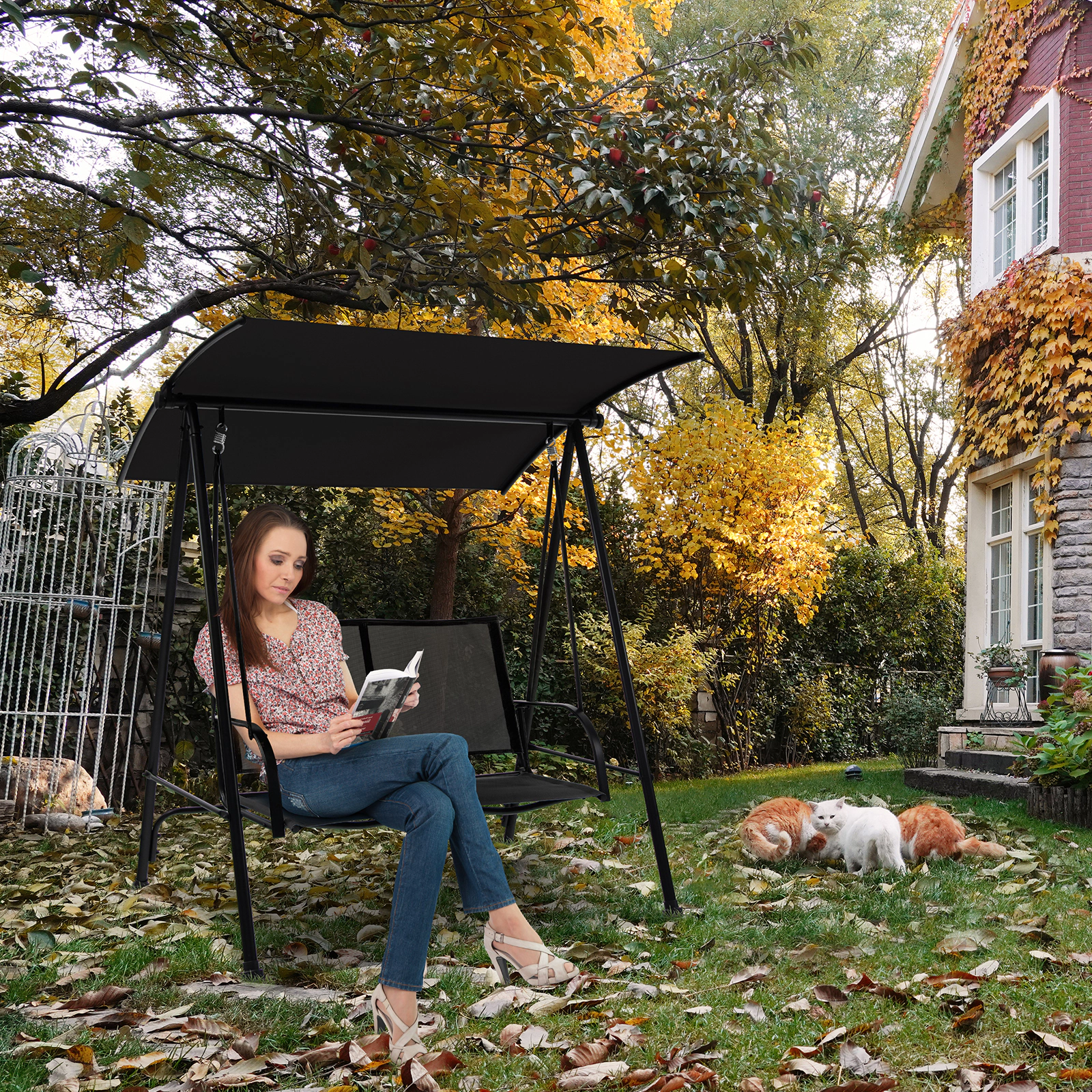 LJG 2-Seat Outdoor Canopy Swing with Comfortable Fabric Seat and Heavy-Duty Metal Frame