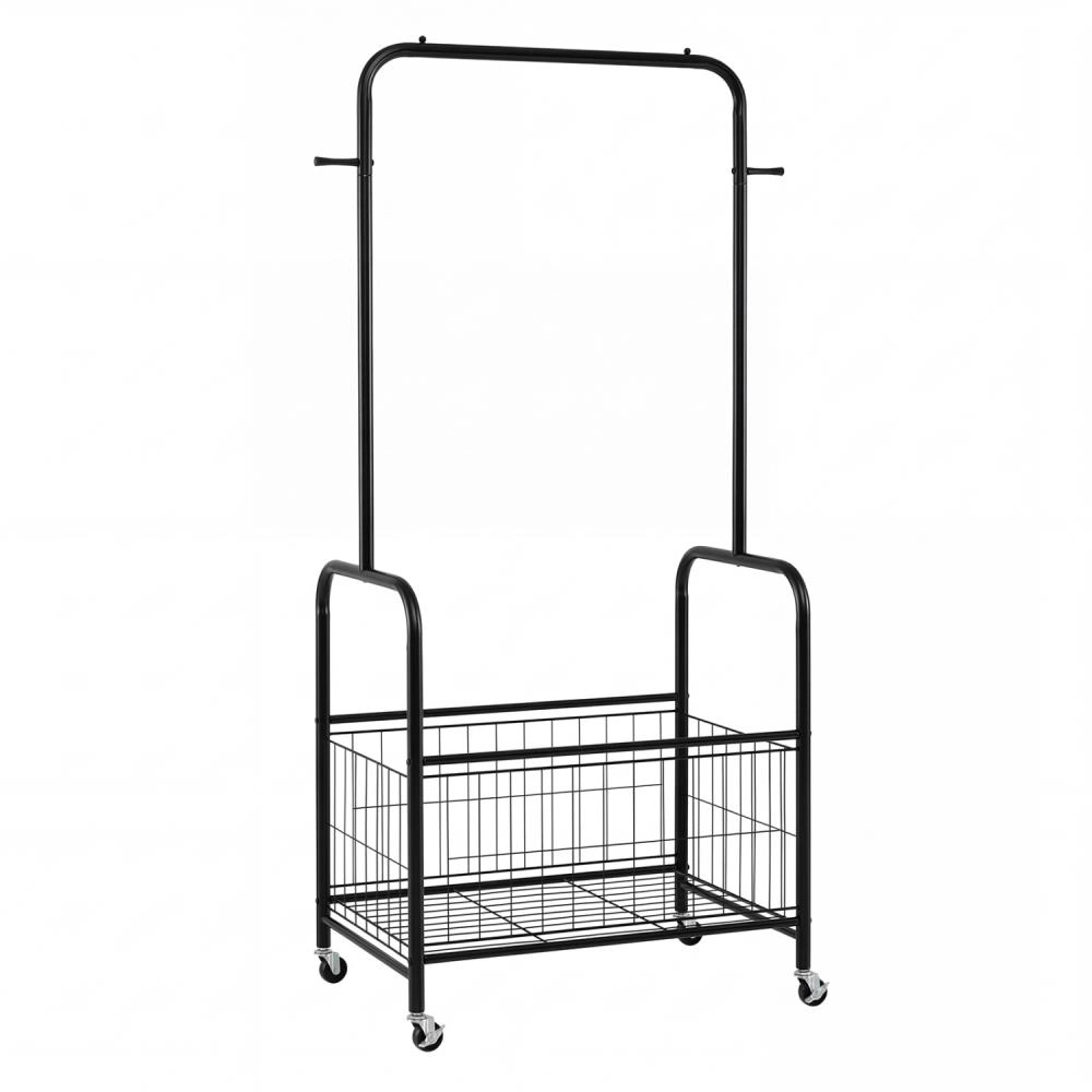 Hivvago Rolling Metal Clothes Rack with Hanging Rod and Storage Basket