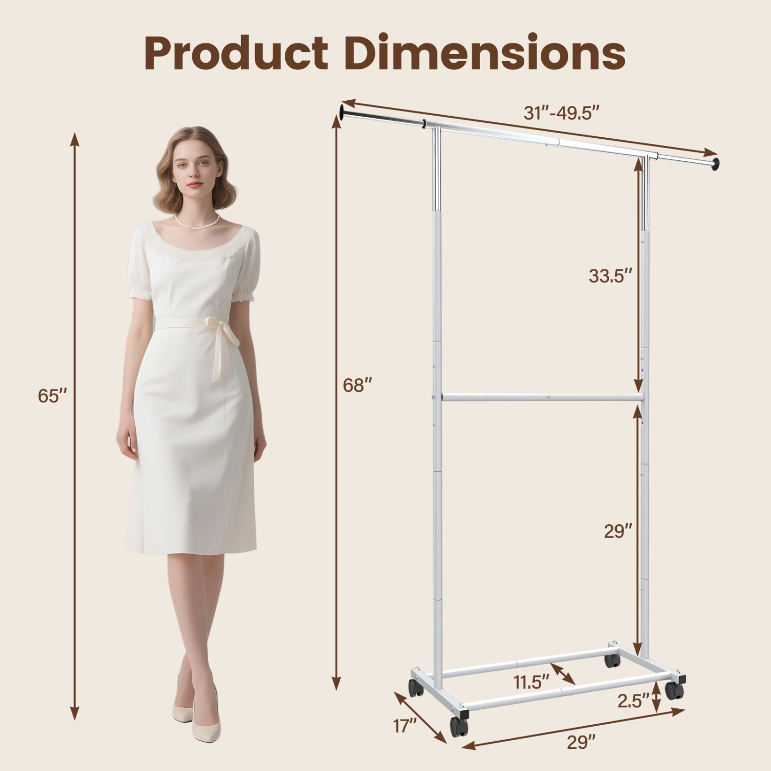 SUGIFT Double-Rod Extendable 3-Level Height Rolling Garment Rack 49.5-in x 17-in x 68-in 45-lb Capacity Silver