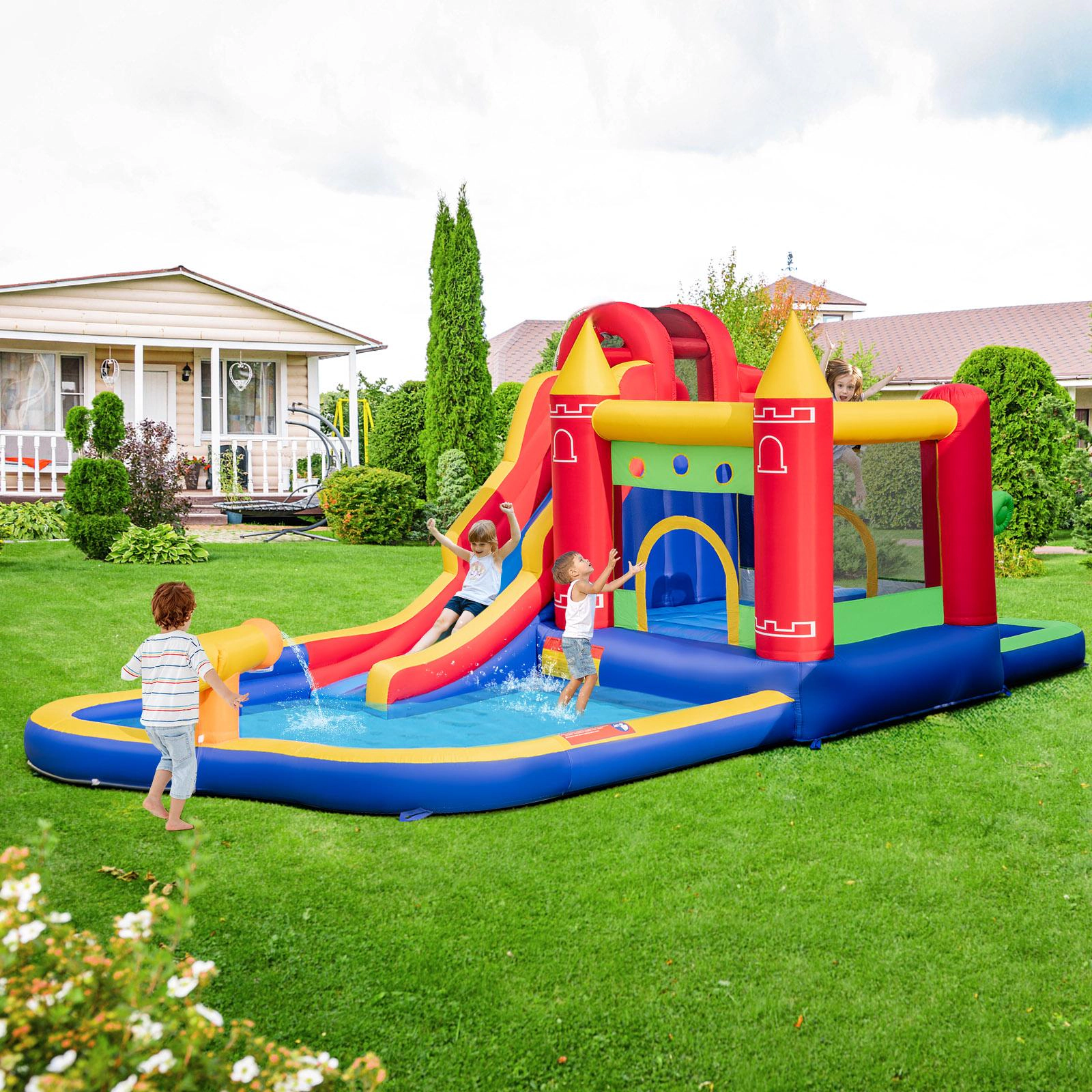 SUGIFT 9-in-1 Inflatable Bounce Castle with Water Slide, Splash Pool and Ball Pit 200-lb Capacity Ages 3-10 Multi-color