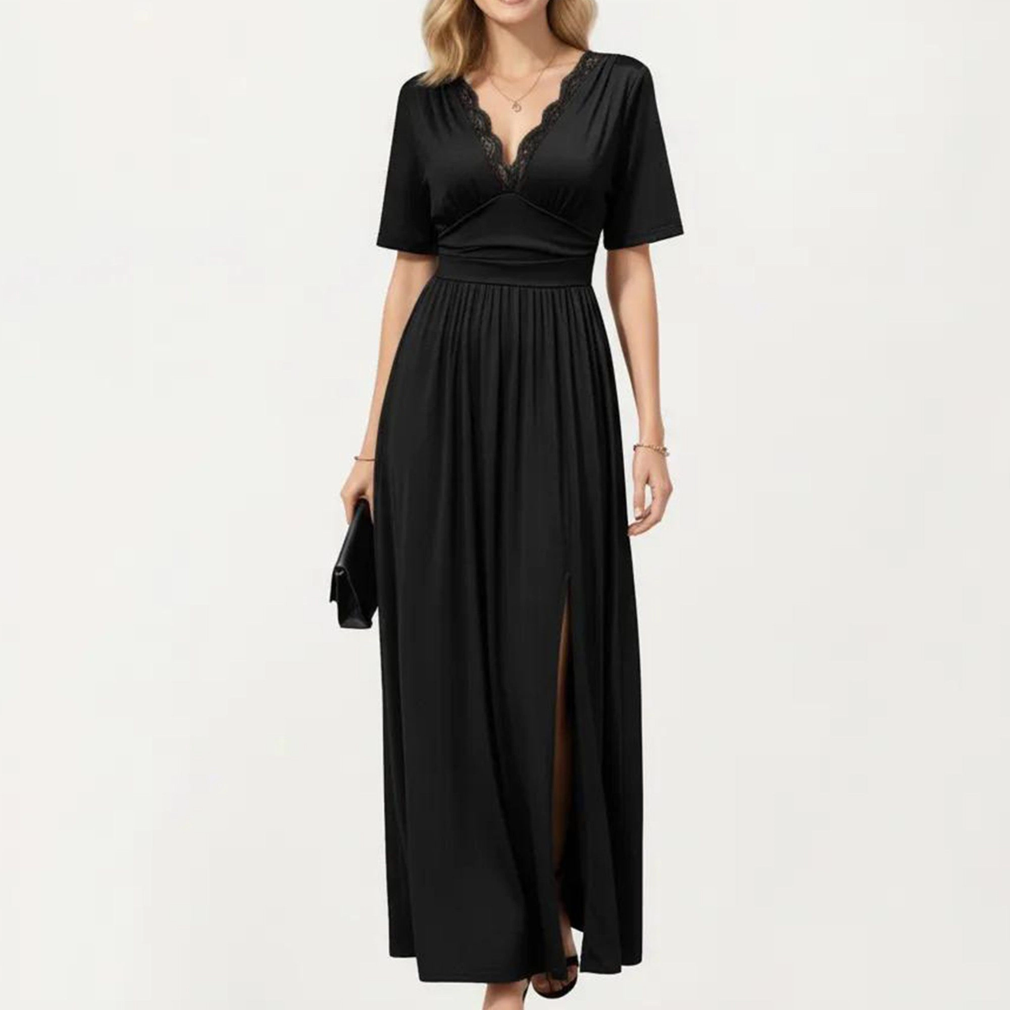 Anna-Kaci Women's Short Sleeve Lace Trim V Neck Side Slit Maxi Dress