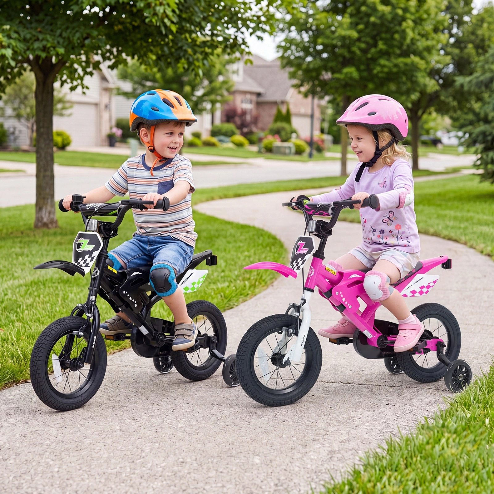 12-in Kids Bike with Number Plate Race Graphics Training Wheels Bell and Reflectors for Ages 3-4 Pink Bicycle