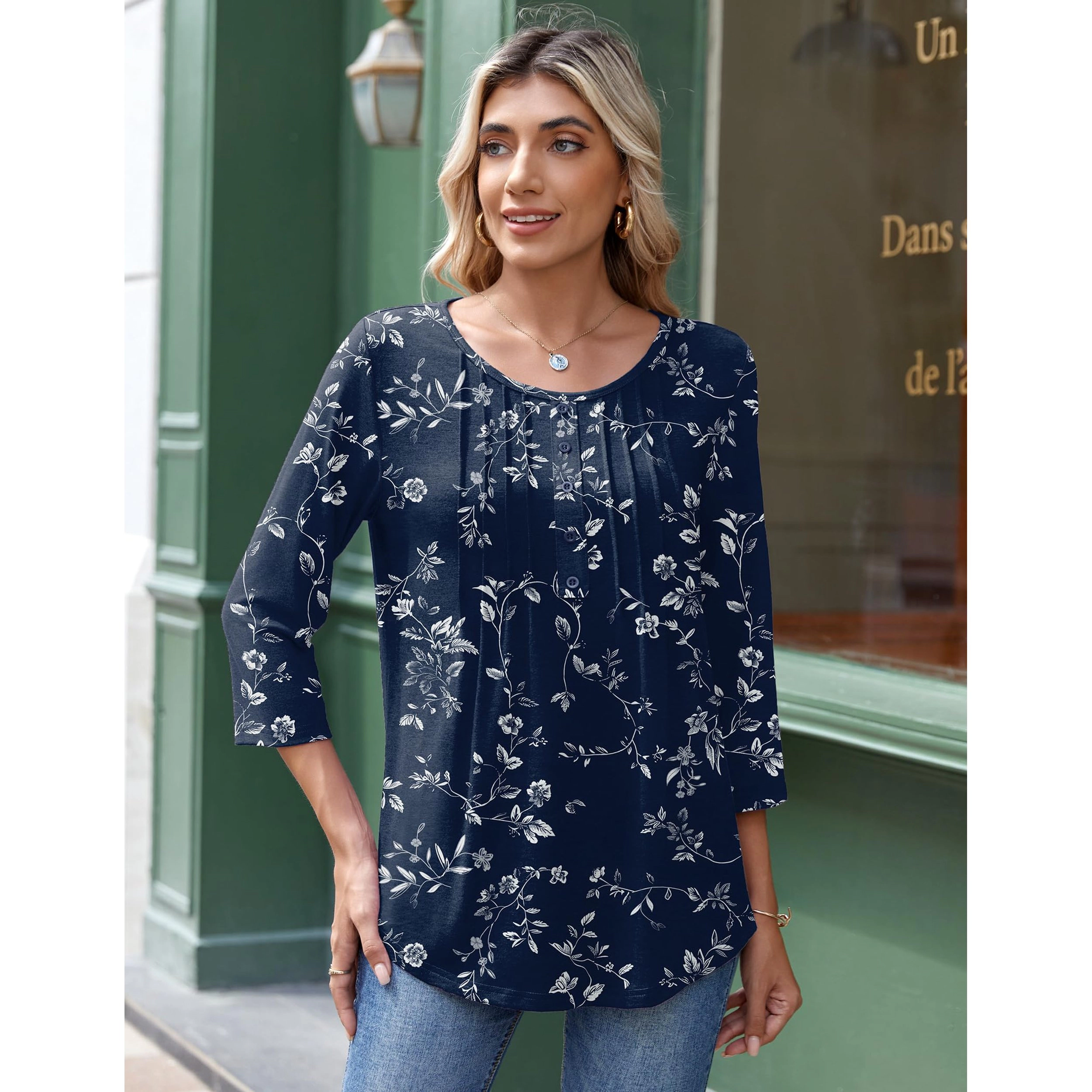 Zeagoo Women's Puff Short Sleeve Pleated V-Neck Floral Print Loose Blouse