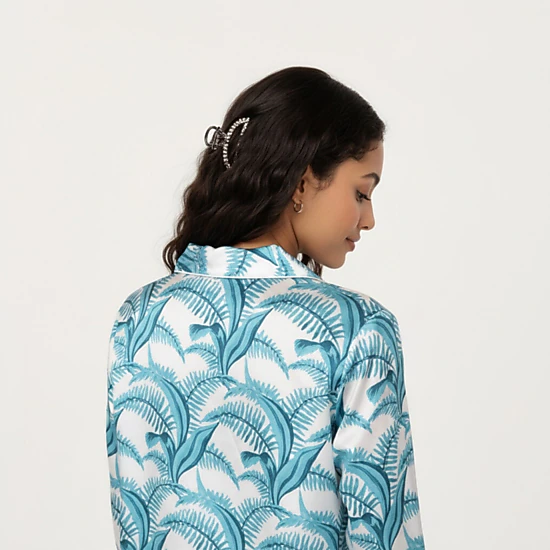 Anna-Kaci Women's 2-Piece Long Sleeve Button Front Pajama Set with Tropical Leaf Print and Soft Silky Fabric